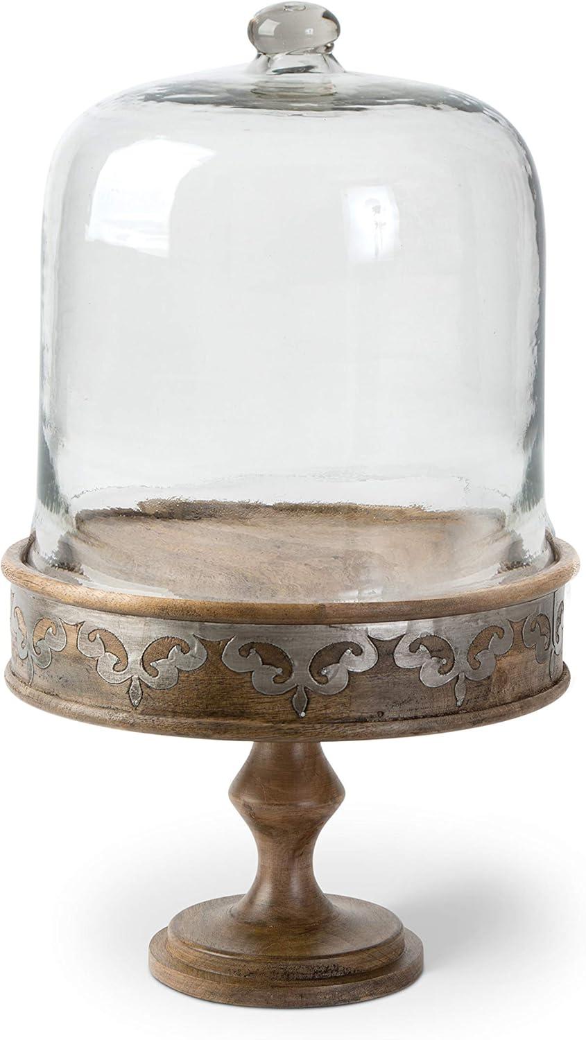 Large Light Brown Wood and Metal Cake Pedestal with Glass Dome