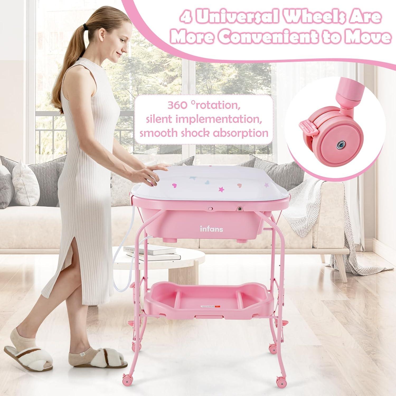 OLAKIDS 2 in 1 Baby Changing Table with Bath Tub Unit, Folding Diaper Dresser Station with Wheels Waterproof Pad Storage Rack, Portable Nursery Organizer Stand for Newborn Infant