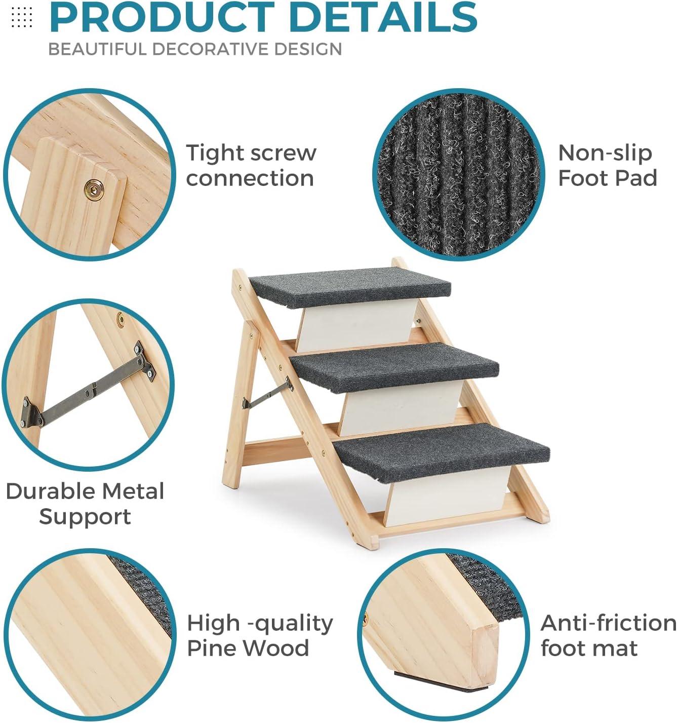 Foldable 3-Level Gray Fabric and Wood Pet Stairs