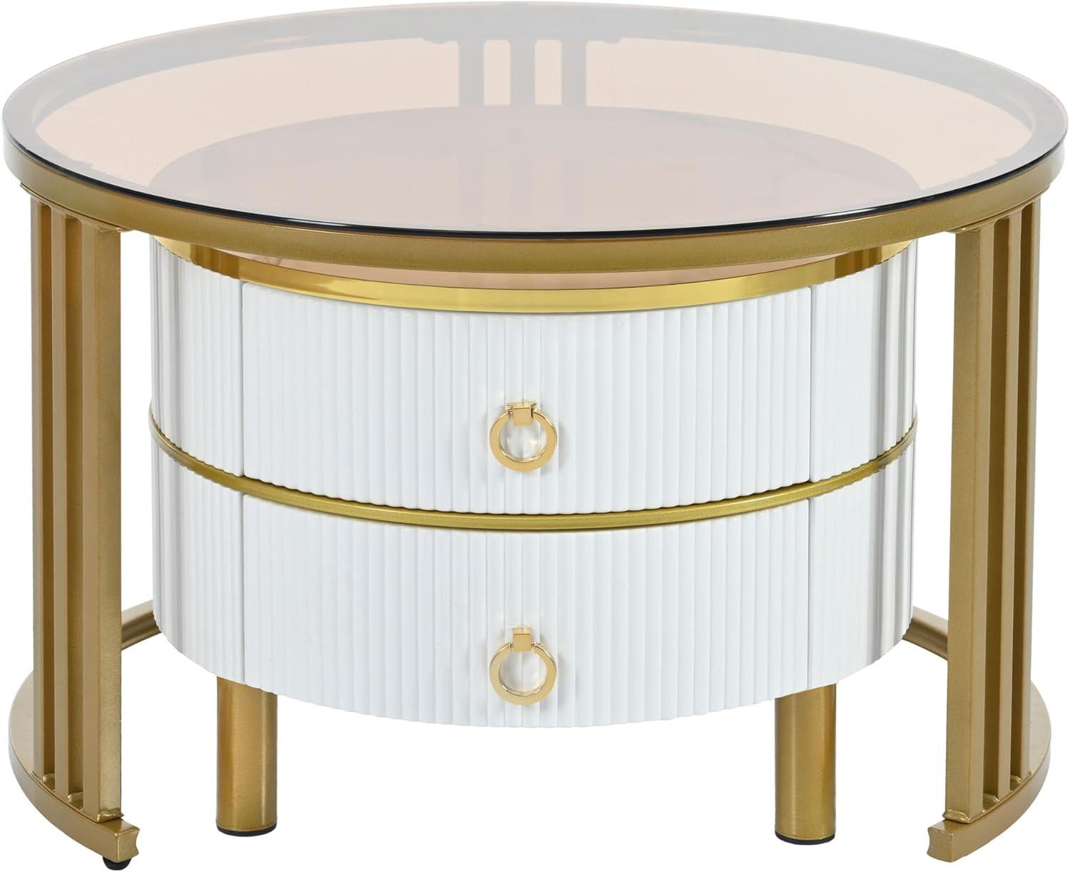 Modern Round Nesting Coffee Table Fluted with Drawer Multiple End Tables Utility Table Telephone Table for Living Room Office Bedroom Balcony, White & Gold