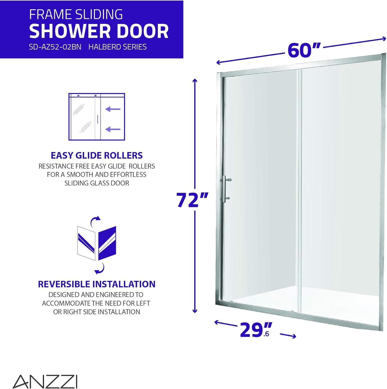 72" H x 60" W Sliding Framed Shower Door Brushed Nickel w/ Tsunami Guard