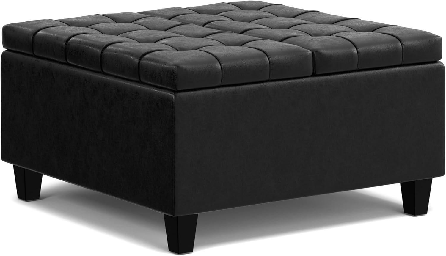 Simpli Home Harrison 30 inch Wide Transitional Square Small Coffee Table Storage Ottoman in Distressed Black Vegan Faux Leather