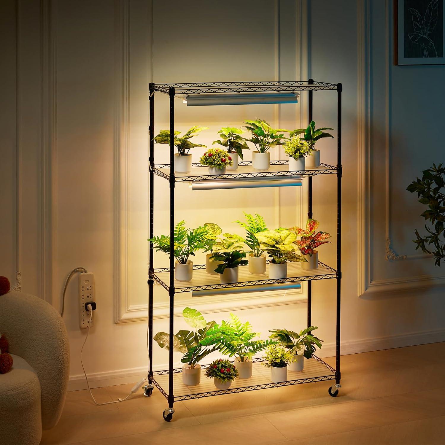 Black Metal 4-Tier Plant Stand with Adjustable Grow Lights