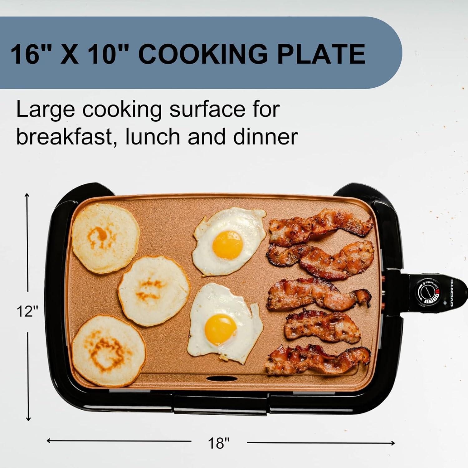OVENTE Electric Griddle with 16" x 10" Flat Non-Stick Cooking Surface, Copper GD1610CO