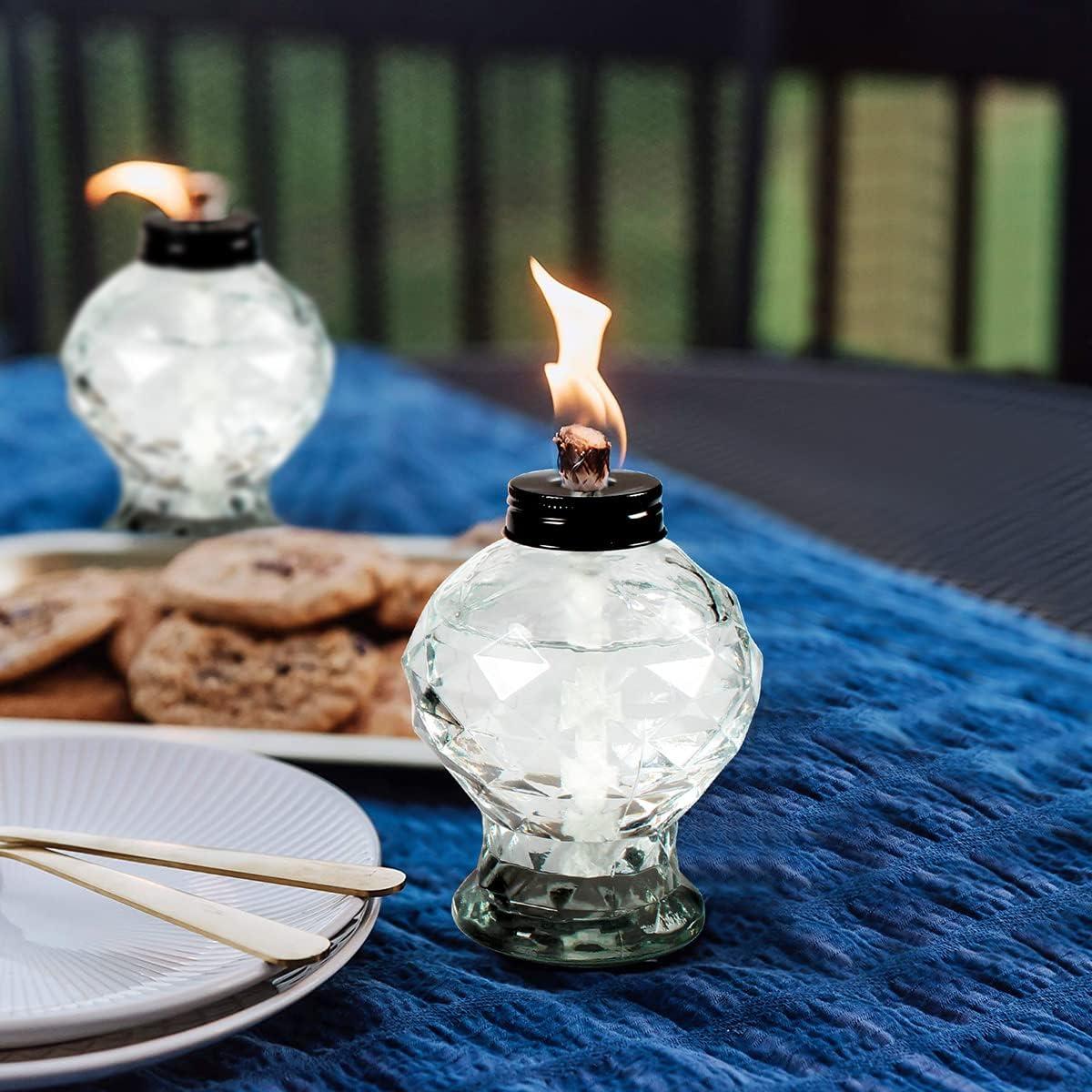 TRAHOO-4 Pack Glass Table Top Light Torches for Outside, Easy to Refill Glass Citronella Torches Outdoor Lanterns, Wick and Cap Included Torch for Garden Patio Yard Party