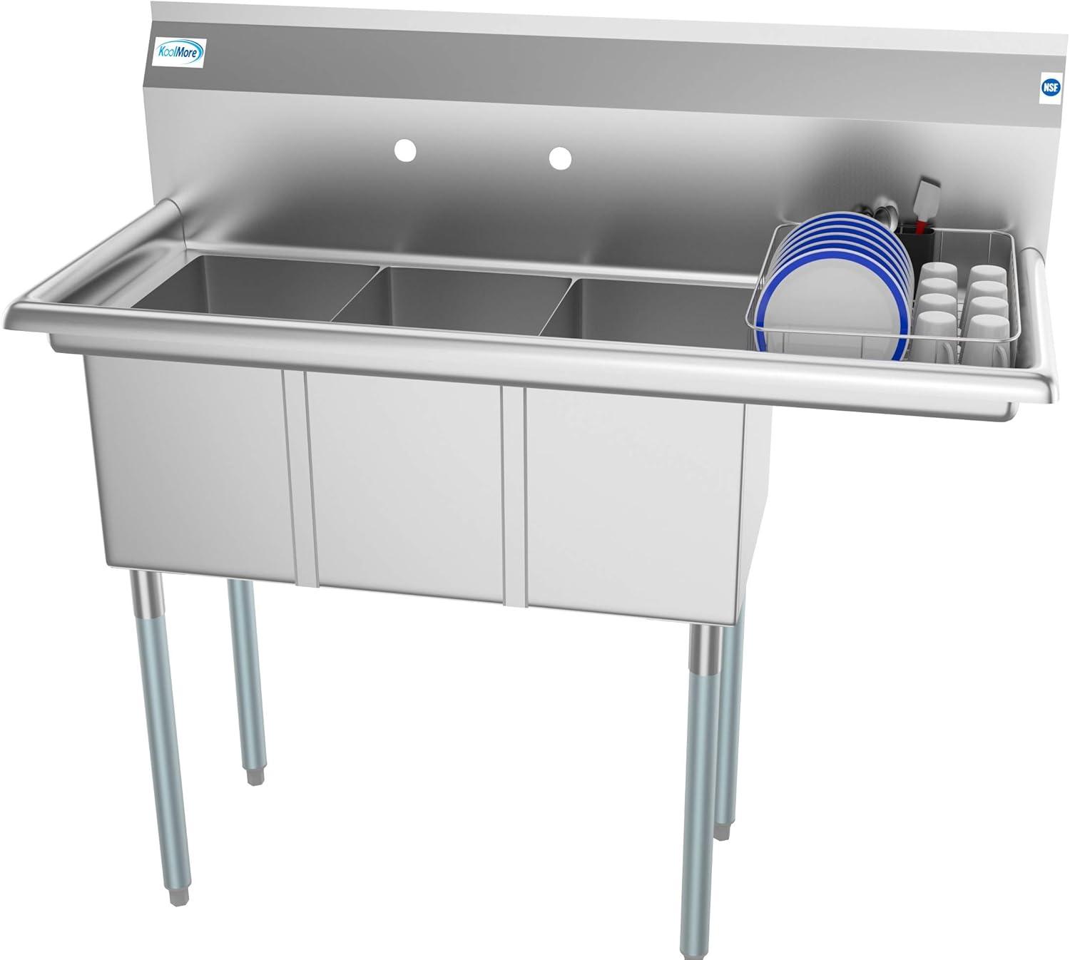 KoolMore 3 Compartment Stainless Steel Commercial Kitchen Sink with Drainboard - Bowl Size 10" x 14" x 10"