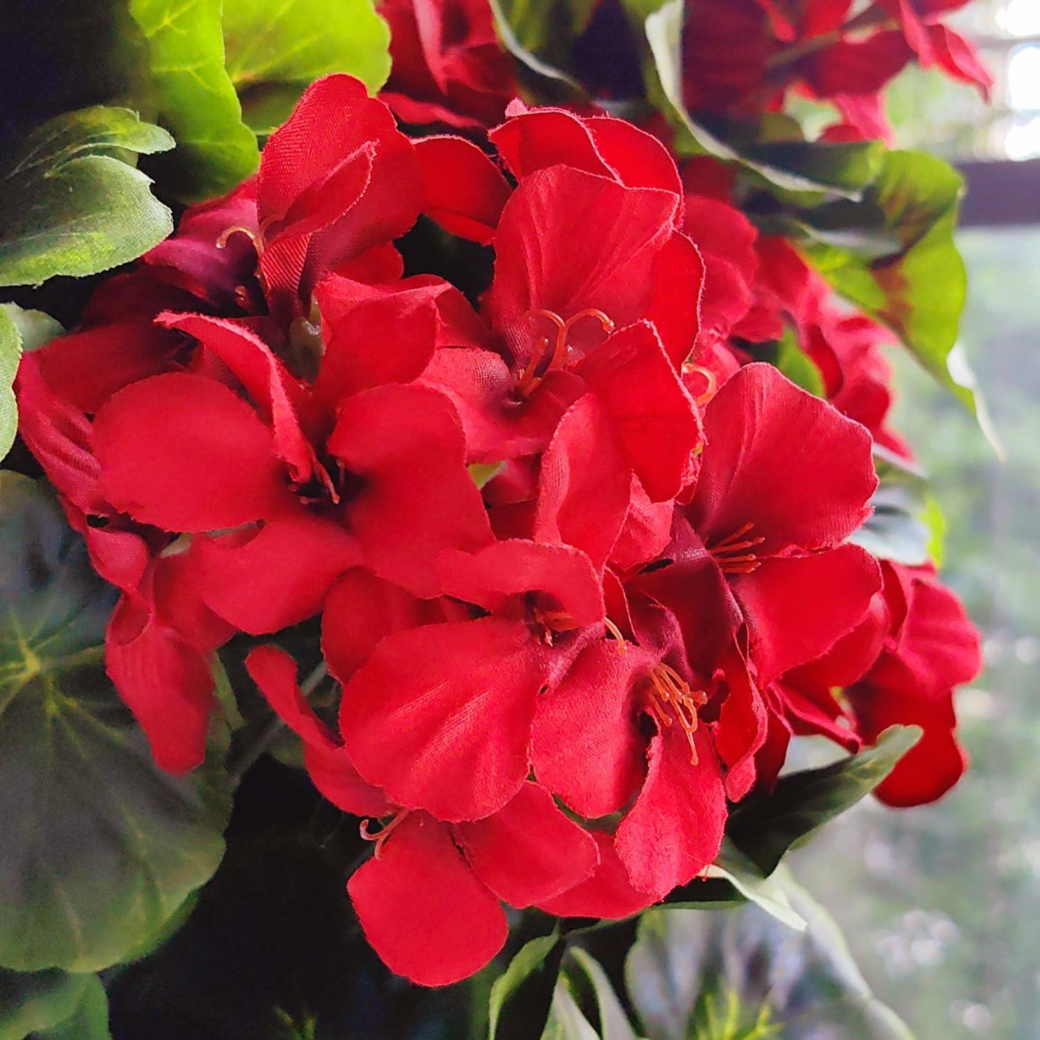 Pack of 4 - Artificial Geraniums Bundles Full Blooms Silk Flower Plants Geranium Bush Red Color for Home Garden Wedding Indoor Outdoor Decor (Red - Pack of 4)