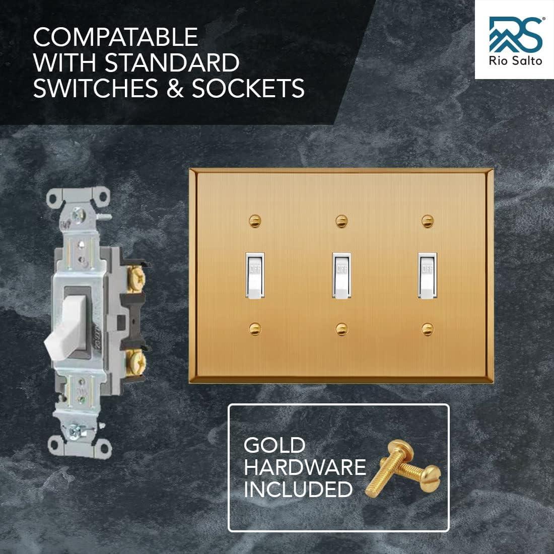 ENERLITES Toggle Light Switch Metal Wall Plate, Stainless Steel, Corrosion Resistant, Size 3-Gang 4.50" x 6.38", 7713-PB, 302 Polished Brass, Gold