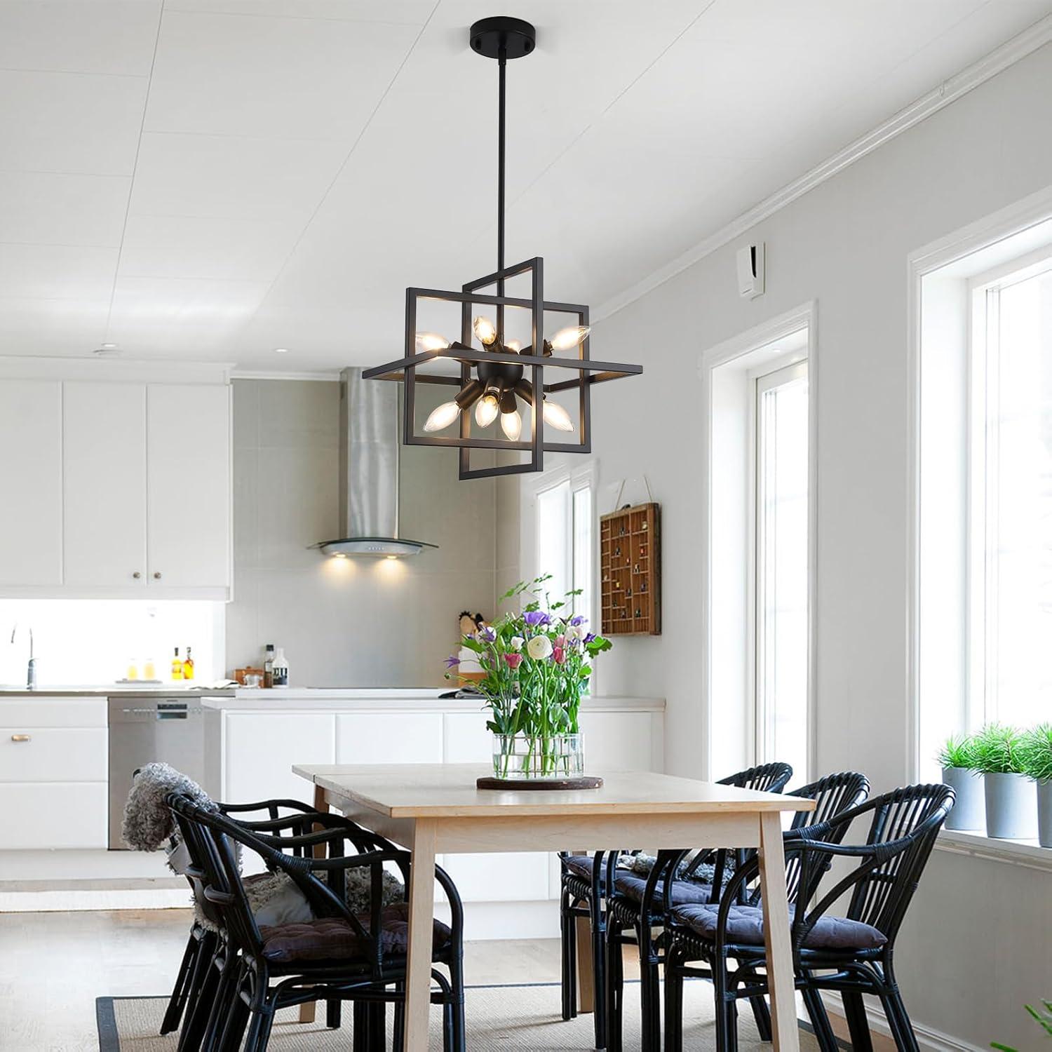 Modern Black and Gold Chandelier, 8-Light Geometric Pendant Light Fixture, Dining Light Fixtures Adjustable Chandelier for Dining Room Entryway Foyer Hallway Bedroom Living Room Kitchen Island