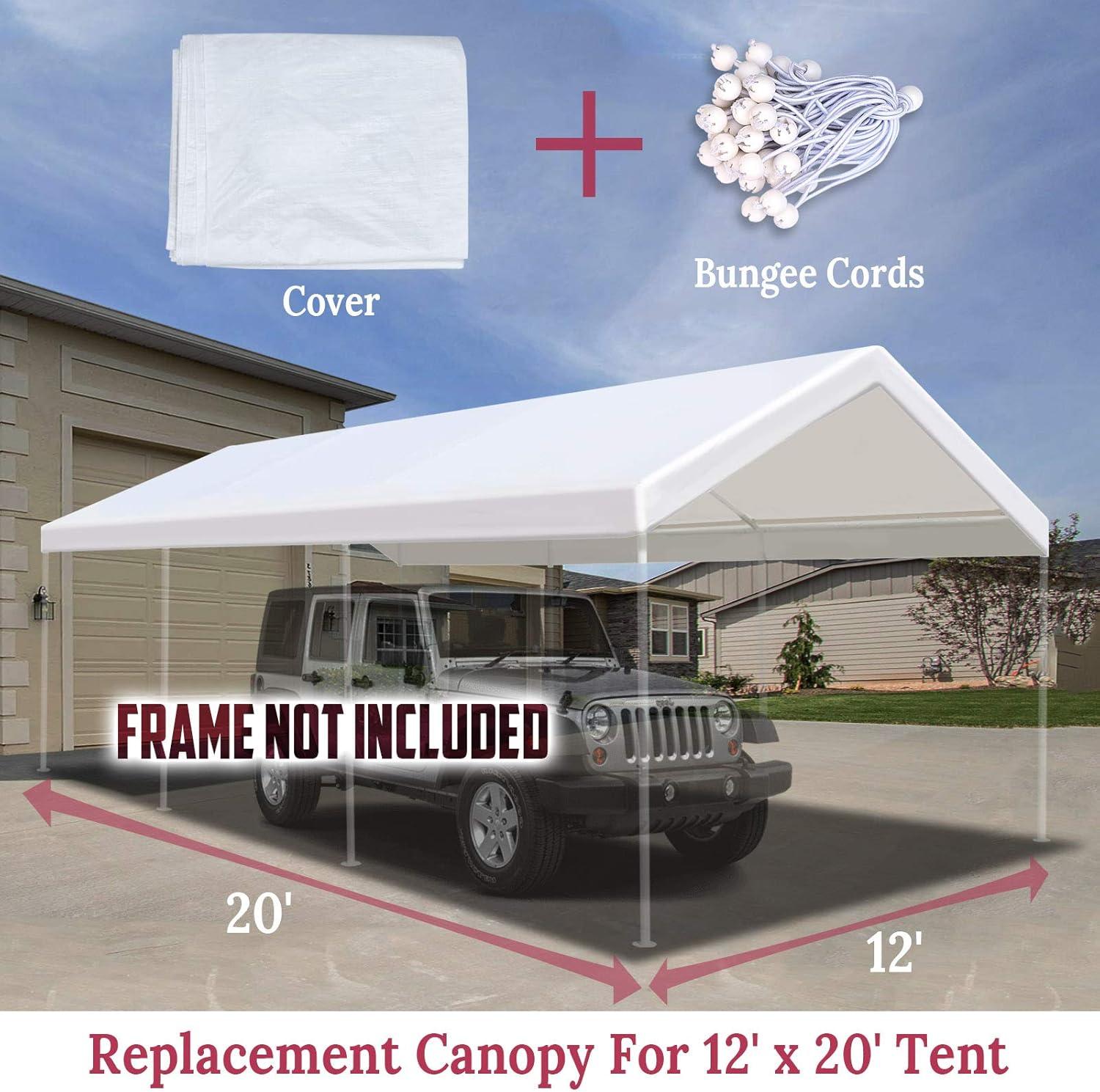 12 x 20 Feet Replacement Top Canopy Roof Cover for Carport Garage Shelter with Bungees, Frame Not Included (White)