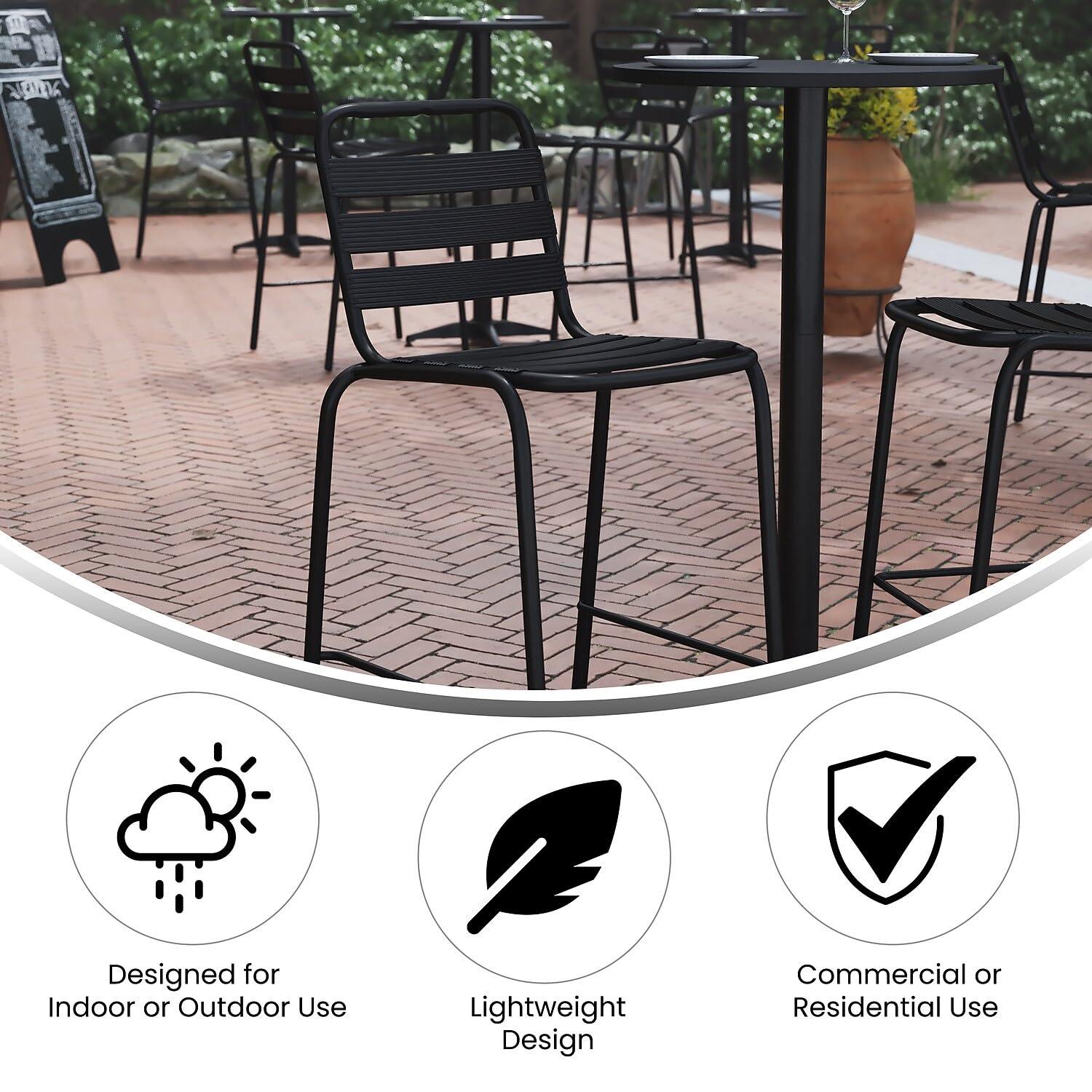 Flash Furniture Lila Commercial Black Metal Indoor-Outdoor Restaurant Bar Height Stool with Metal Triple Slat Back
