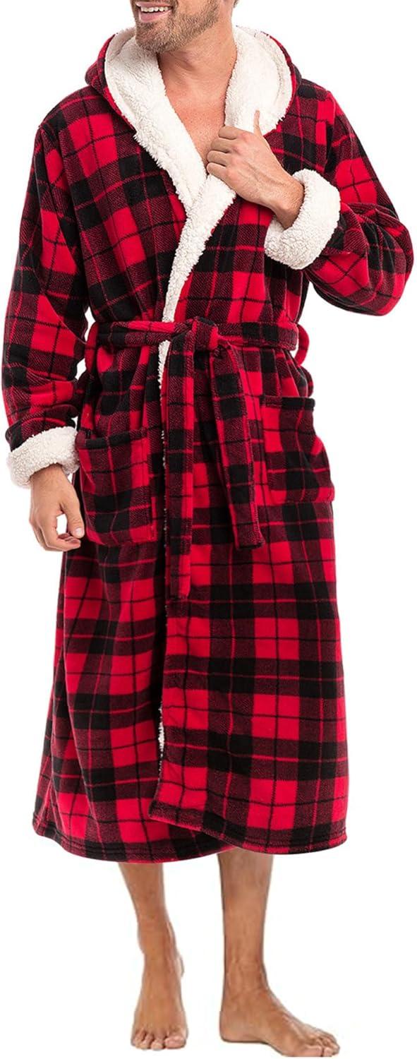 ADR Men's Warm Winter Plush Hooded Bathrobe, Full Length Fleece Robe with Hood Red Black Plaid with Cream Medium