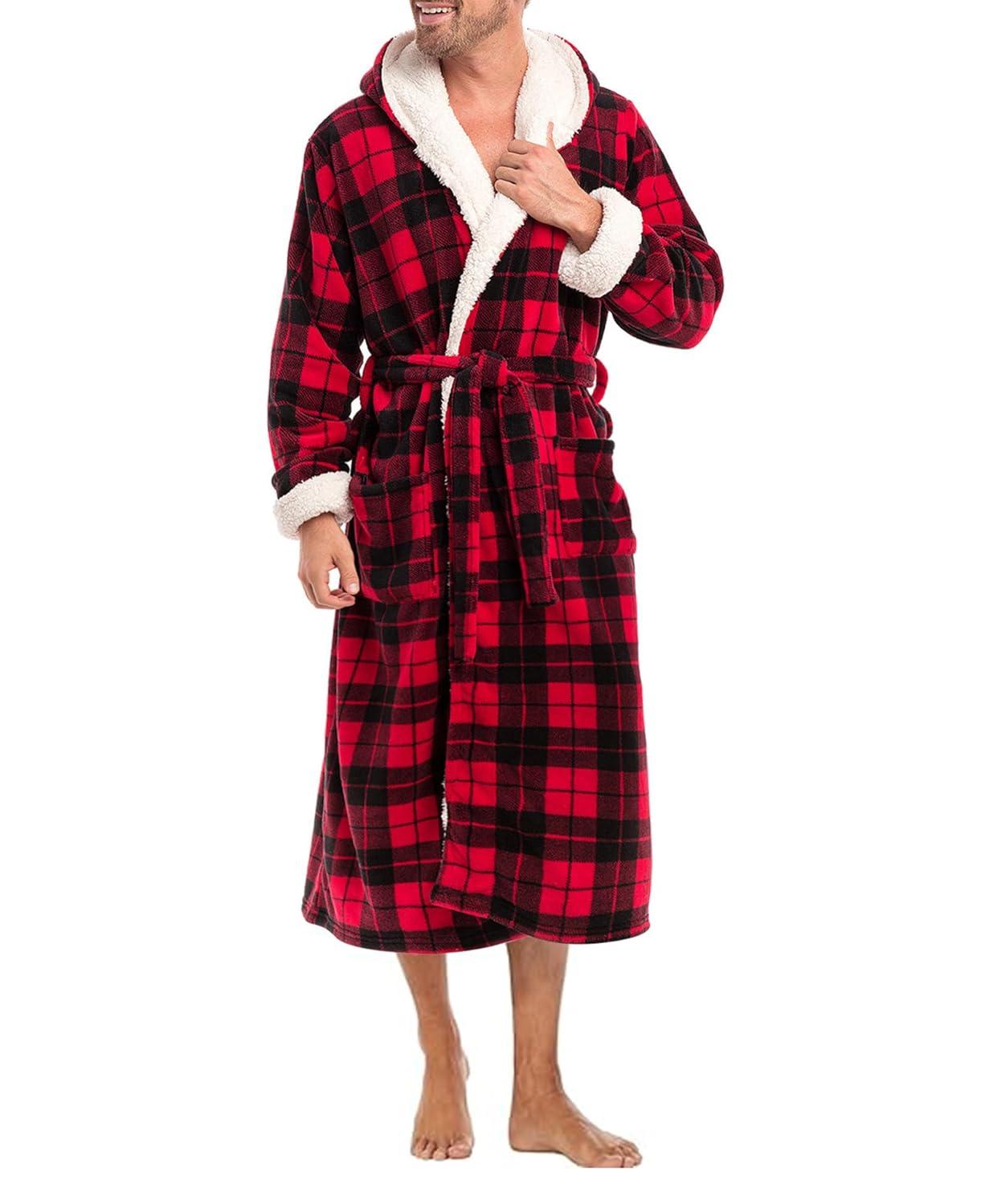 ADR Men's Warm Winter Plush Hooded Bathrobe, Full Length Fleece Robe with Hood Red Black Plaid with Cream Medium