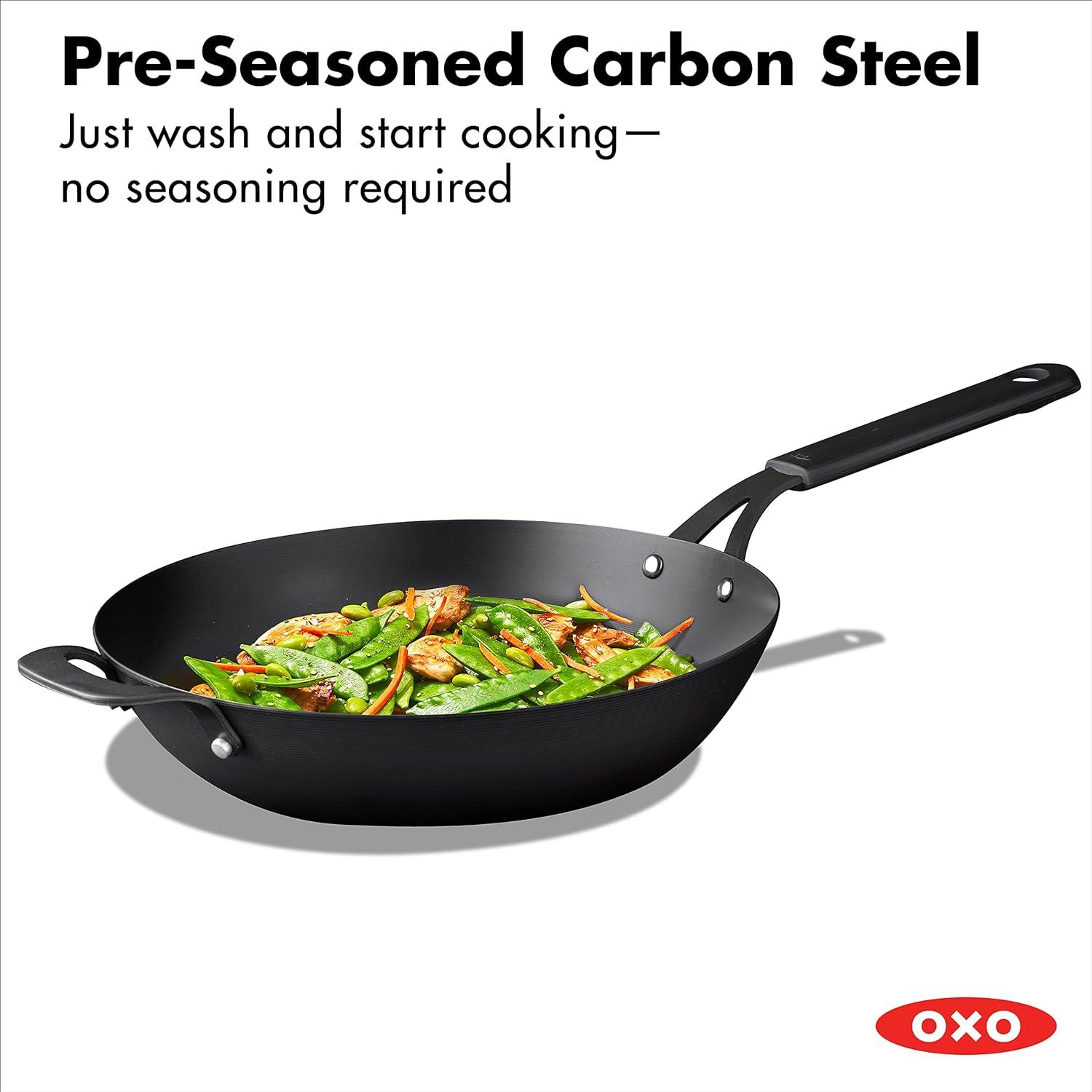 OXO 12" Steel Open Wok with Silicone Sleeve Black: Carbon Steel Pan, 12 Inch, Induction & Gas Compatible, Hand Wash