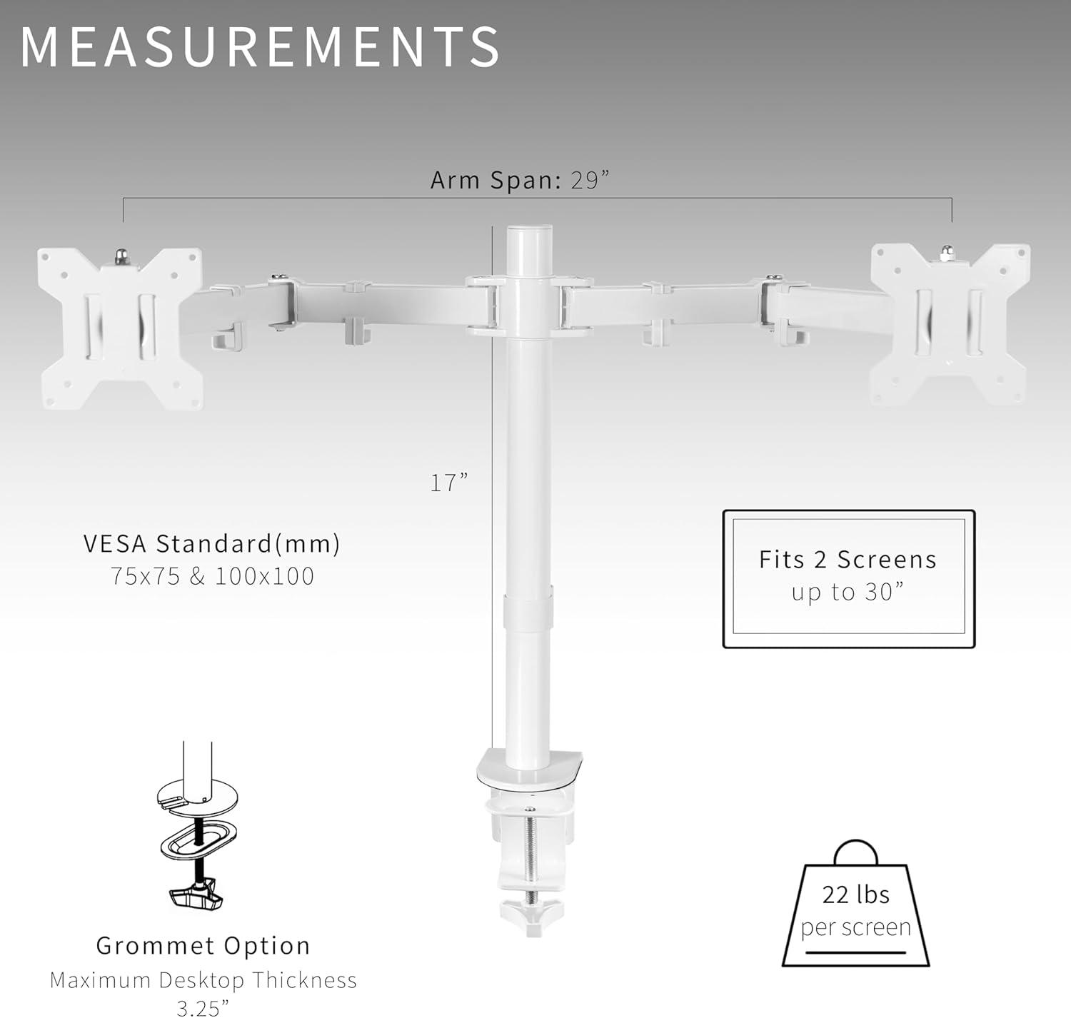 White Dual Monitor Adjustable Desk Mount for 13"-27" Screens