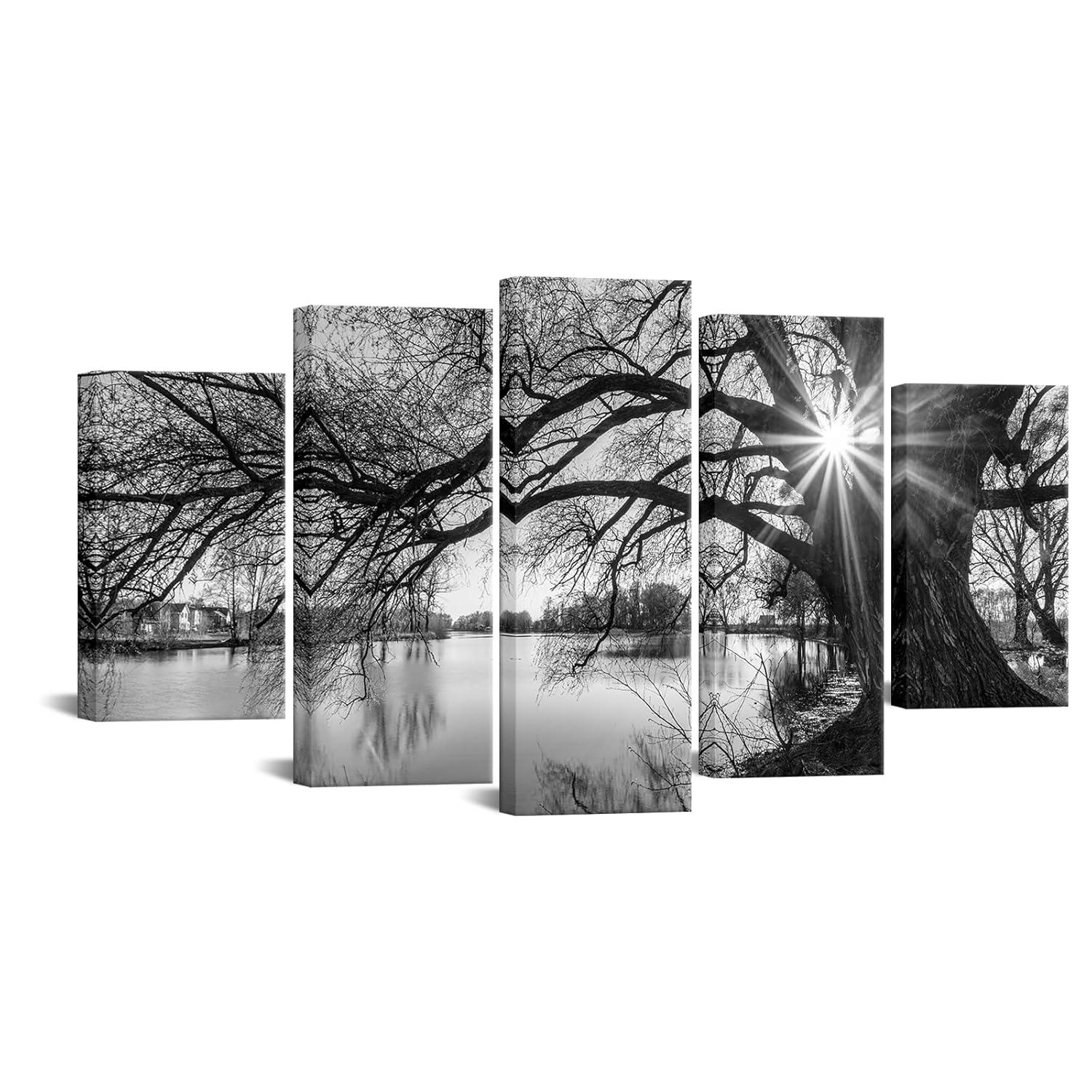 5 Pieces Wall Art Old Tree by Lake Picture Canvas Prints Sunrise Painting Black and White Landscape Canvas Art Modern Wall Decoration Framed and Ready to Hang