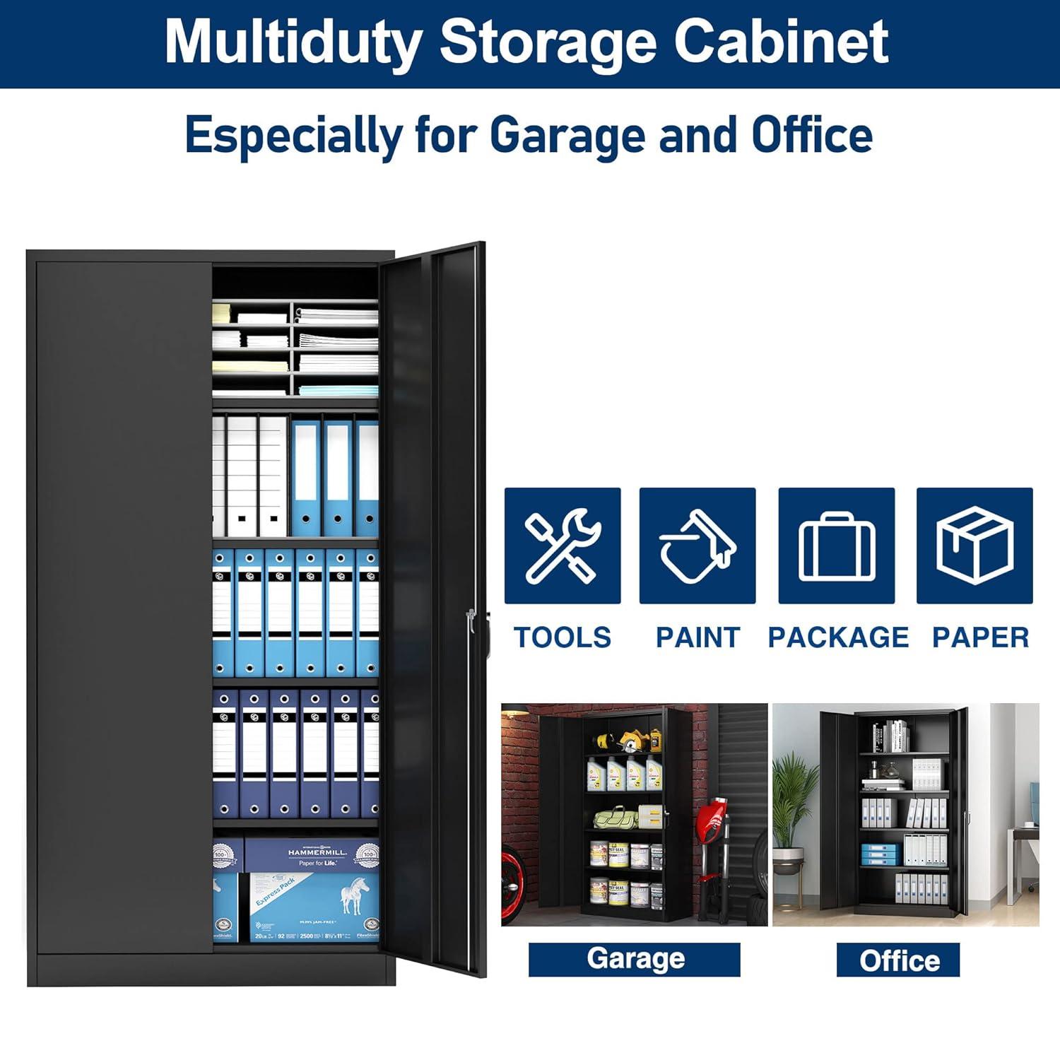 Drevy Metal Garage Storage Cabinet with Lock, 71" Steel Lockable File Cabinet, Locking Steel Storage Cabinet with 4 Adjustable Shelves for Home, Office, Warehouse, Garage, School (Black)