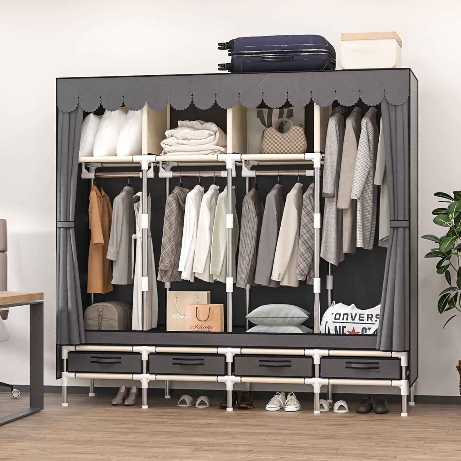 Large Portable Wardrobe with 4 Hanging Rods and Drawers, Armoire, Metal Storage Wardrobe Hangers, Upgraded Grey Non-Woven Dust Cover for Handing Closet,Large Closets for Bedroom
