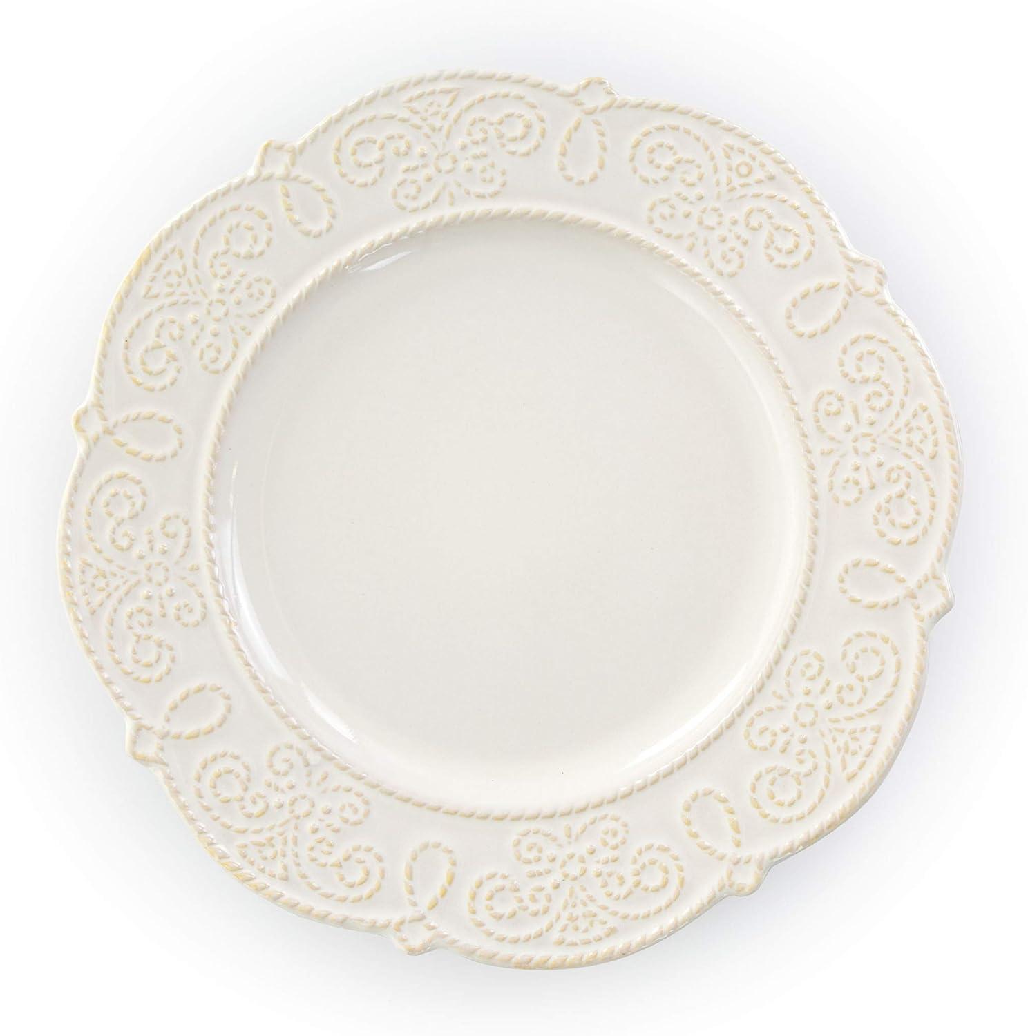 16 Piece Embossed Scalloped Stoneware Dinnerware Set in White Textured Casual Round Dishwasher Safe