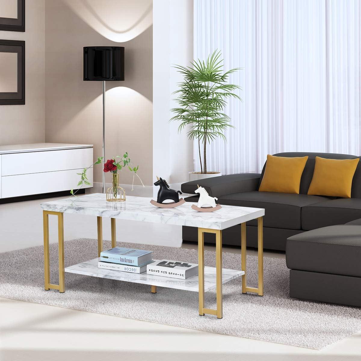 White and Gold Rectangular Faux Marble Coffee Table with Storage Shelf