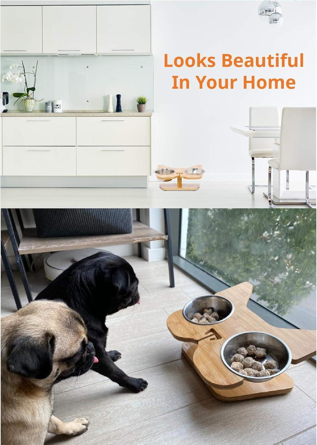 Large Elevated Bamboo and Stainless Steel Dog Feeder