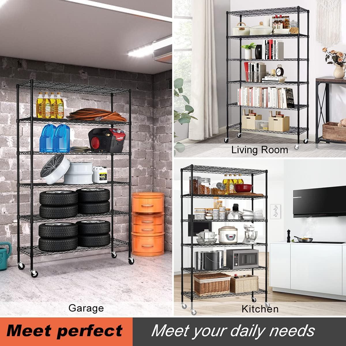 6-Tier Storage Shelves NSF Certified Wire Shelving Unit on Wheels Heavy Duty Metal Shelves Adjustable Steel Shelving 2100Lbs Capacity for Closet Pantry Basement- (18"x48"x82", Black)