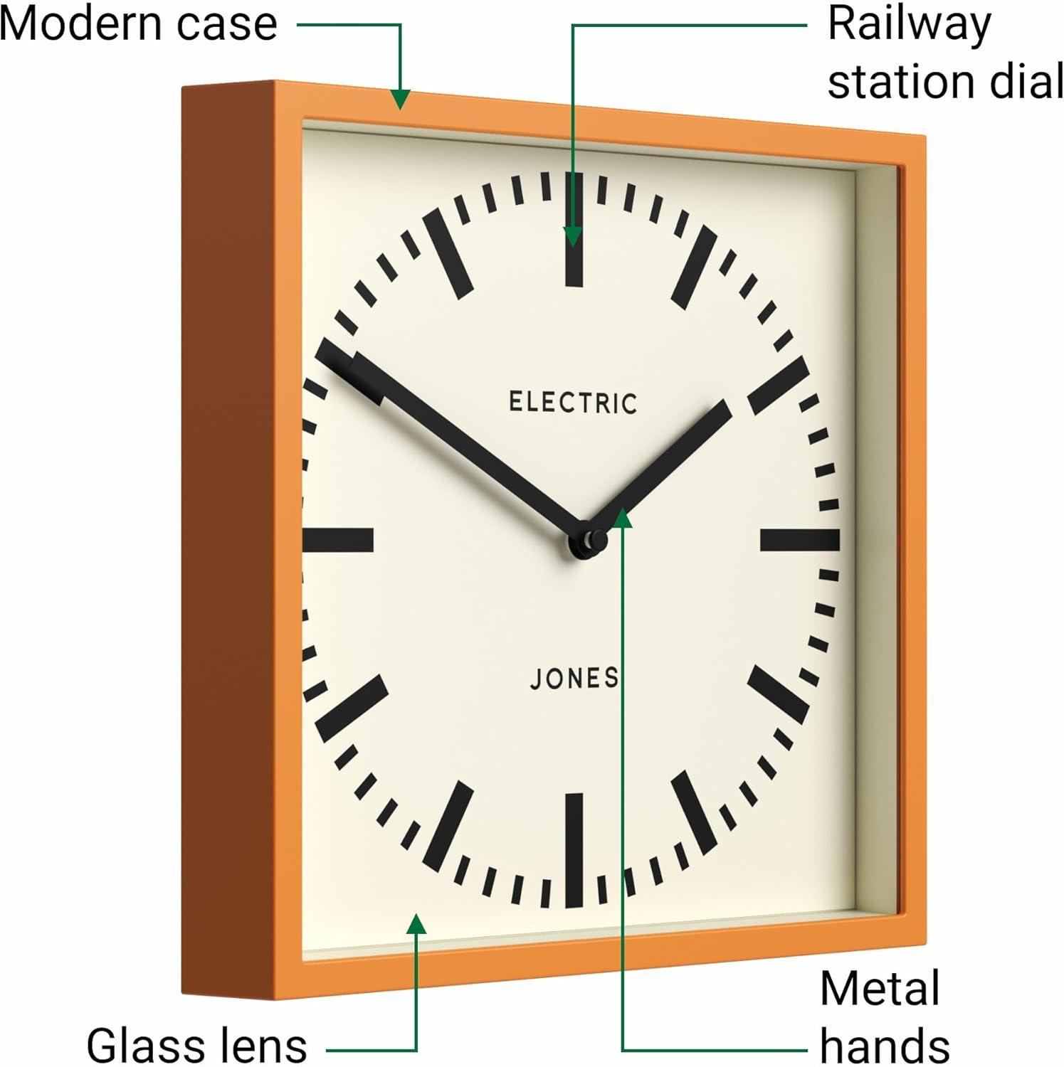 JONES CLOCKS® Box Railway Wall Clock | Square Station Clock | 10 inch | Cool Designer Look for Kitchen, Living Room or Office (Orange)