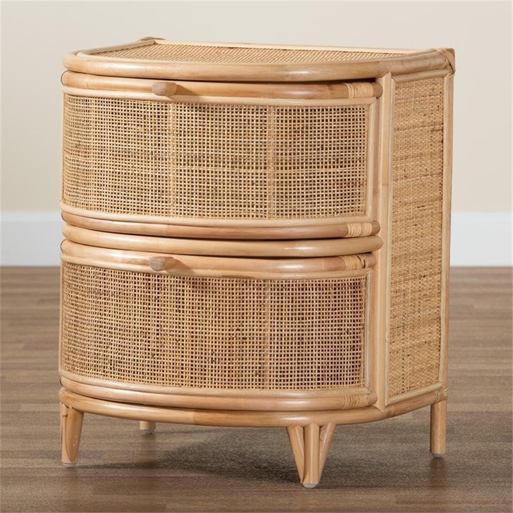 Natural Brown Rattan 2-Drawer Curved Nightstand