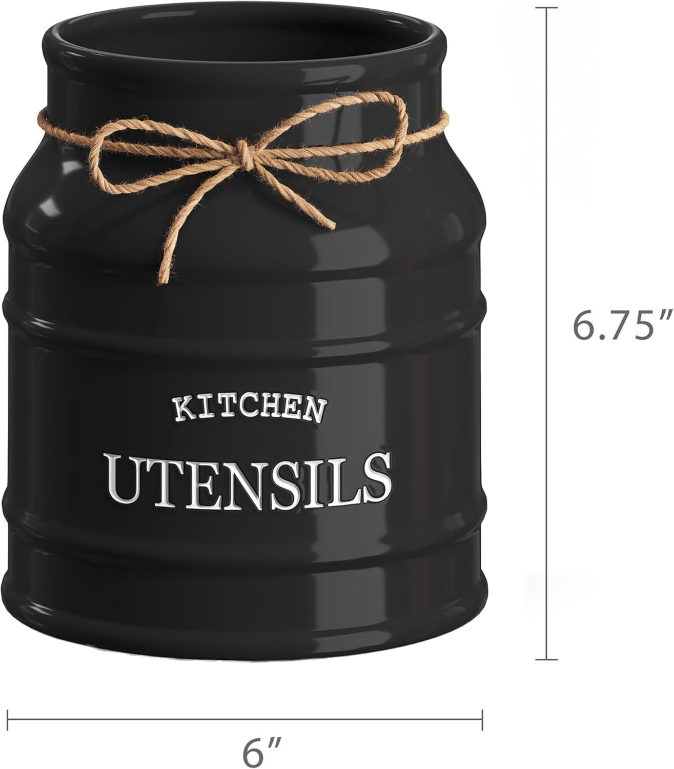 Red Barrel Studio® Ceramic Farmhouse Utensil Holder For Kitchen Counter, Large Rustic Utensil Crock, Countertop Cooking Tool Spatula Organizer, 6.75” (Black)