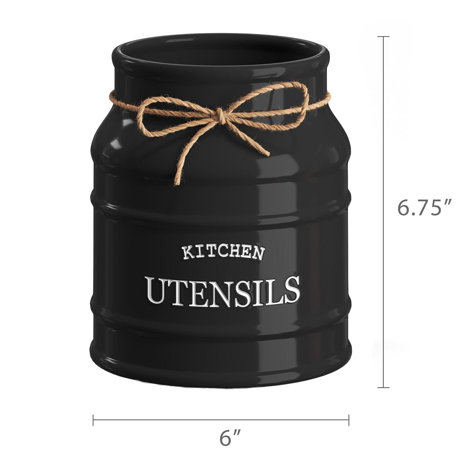 Red Barrel Studio® Ceramic Farmhouse Utensil Holder For Kitchen Counter, Large Rustic Utensil Crock, Countertop Cooking Tool Spatula Organizer, 6.75” (Black)