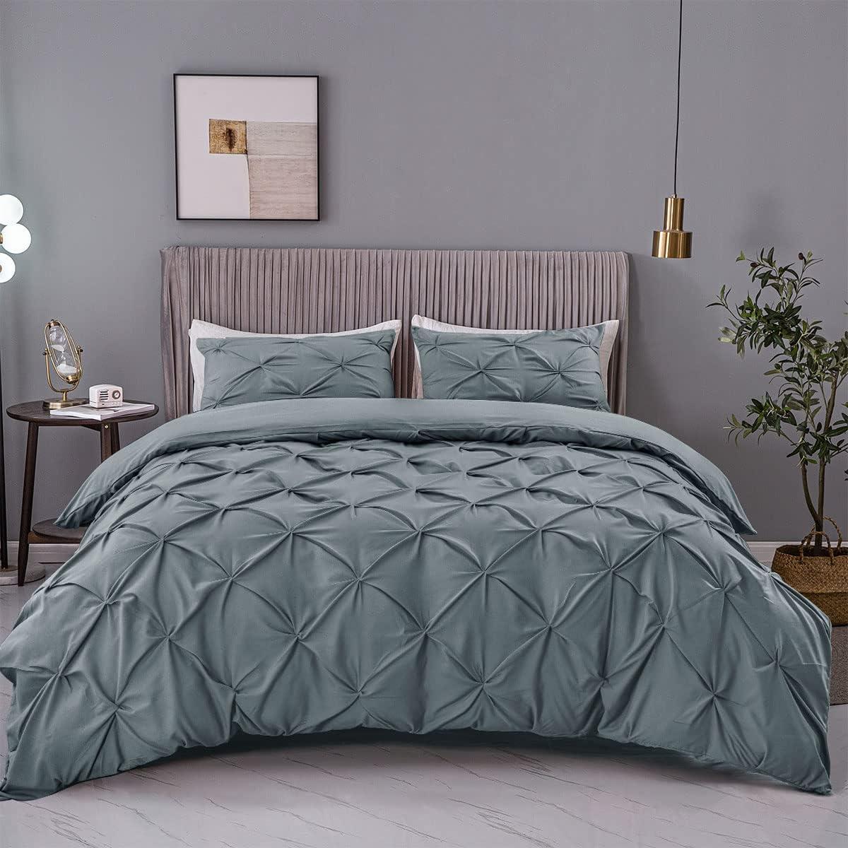 Nestl 3 Piece Pinch Pleated Duvet Cover Set, Full Size Pintuck Duvet Cover with Button Closure, Blush