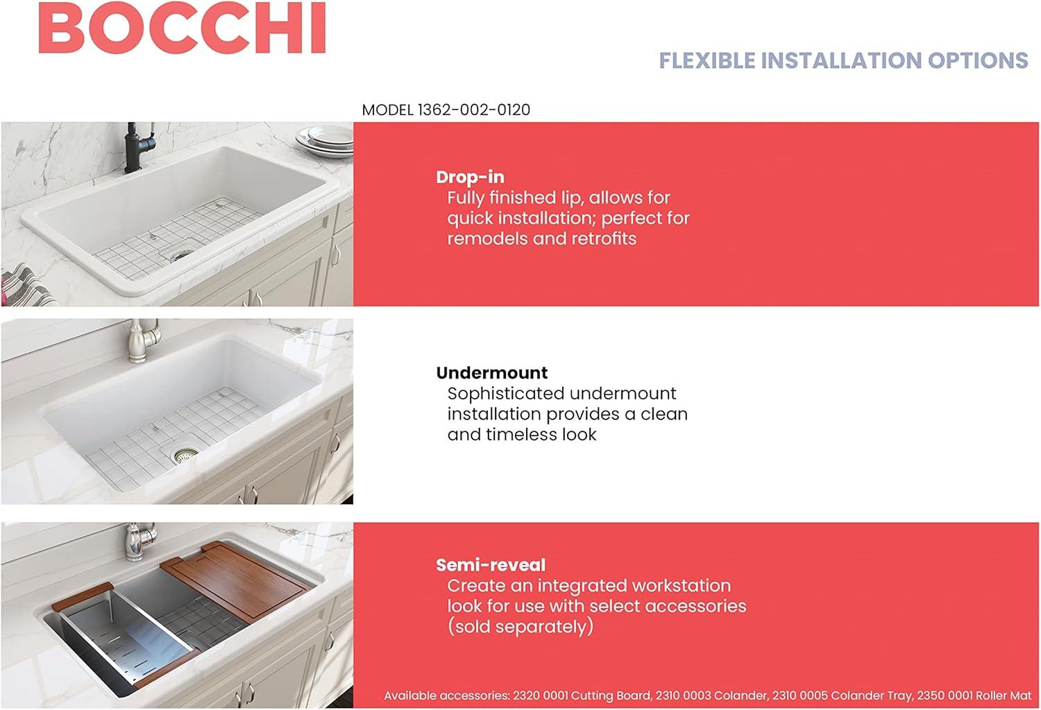 BOCCHI Sotto Undermount Fireclay 32 in. Single Bowl Kitchen Sink with Protective Bottom Grid and Strainer in Matte White
