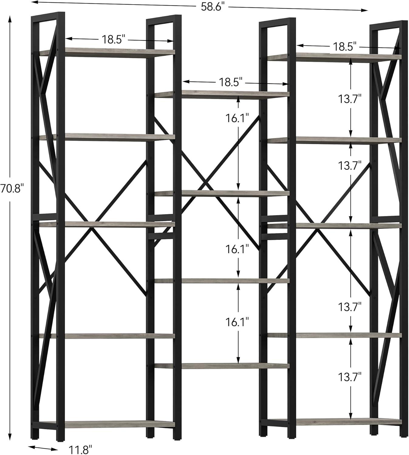 Jojoka Triple Wide 5 Tier Book Shelf, Tall Bookshelf with Open Display Shelves, Industrial Large Bookshelves and Bookcases with Metal Frame for Living Room, Bedroom, Home Office-Rustic Grey
