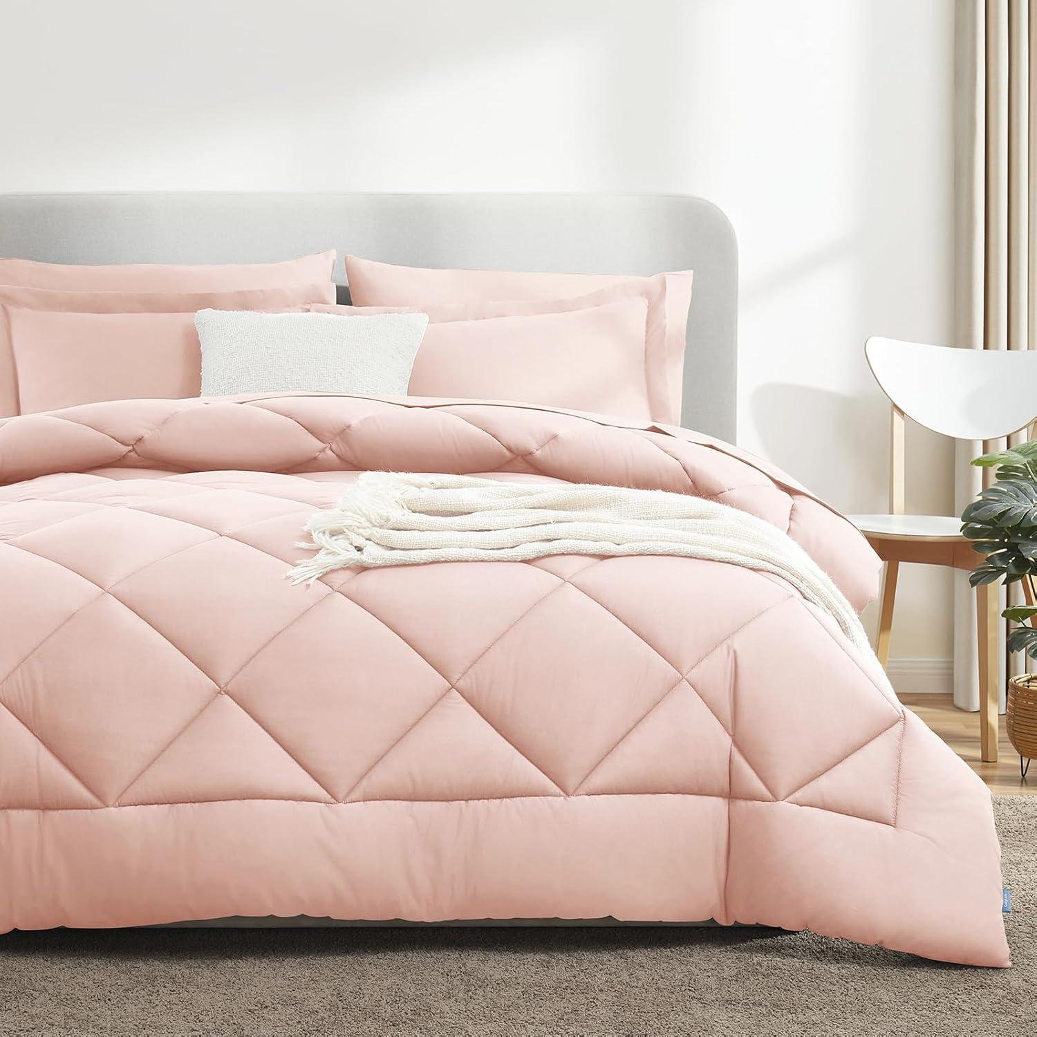 CozyLux Pink Comforter Set Queen - 7 Pieces Bed in a Bag Toddler Girls Comforter Set Teen Girl Bedding Sets with All Season Quilted Comforter, Flat Sheet, Fitted Sheet, Pillowcases, Blush Pink