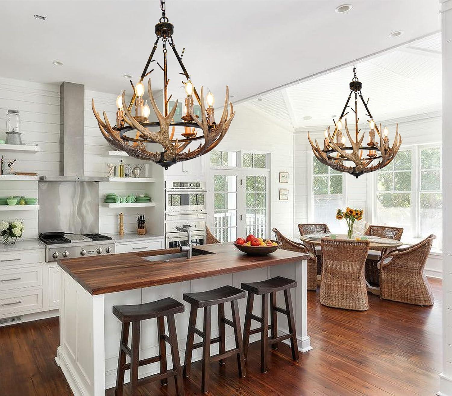 Rustic Antler Chandelier 6 Lights, Farmhouse Chandeliers with Resin 6 Antlers and Retro Metal Wagon Wheel Chandelier Vintage Style for Dining Room, Kitchen, Island, Living Room UL Listed