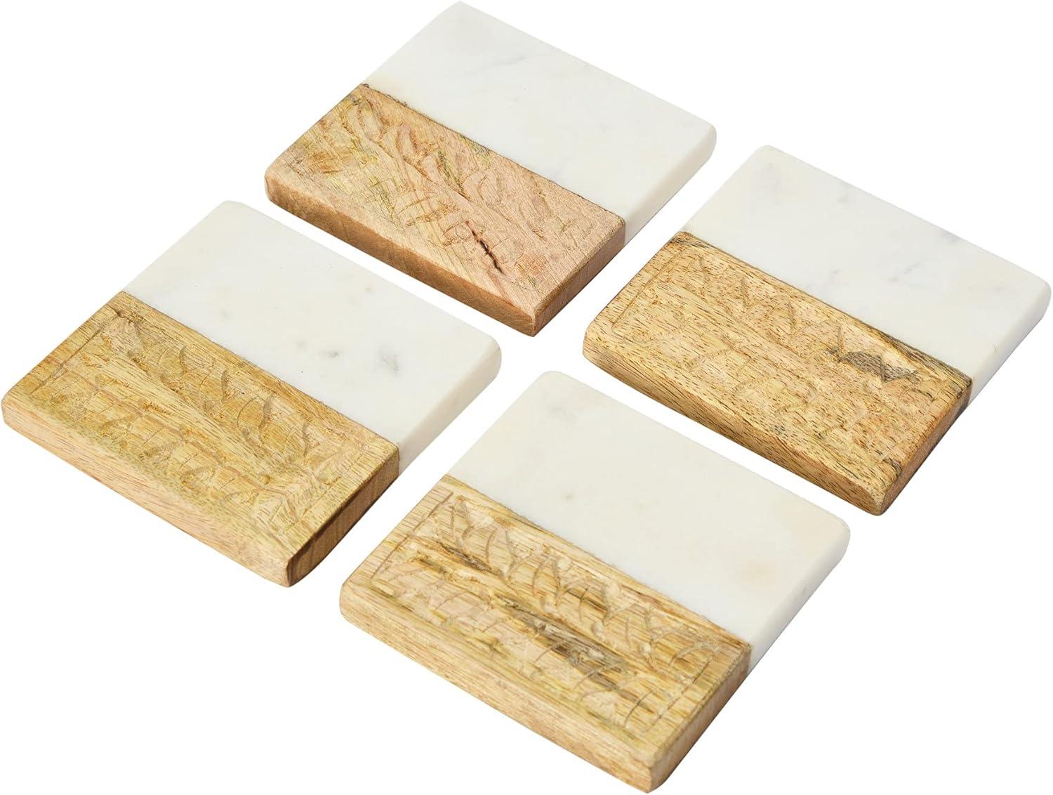 Hand-Carved Mango Wood and Marble Square Coasters, Set of 4