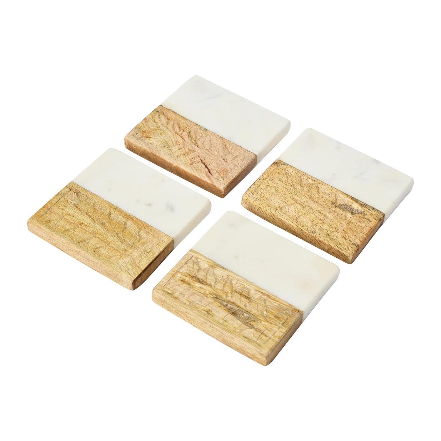 Creative Co-Op Hand-Carved Engraved Mango Wood Square Trivets for Dining Table Coaster, Set of 4, White & Natural