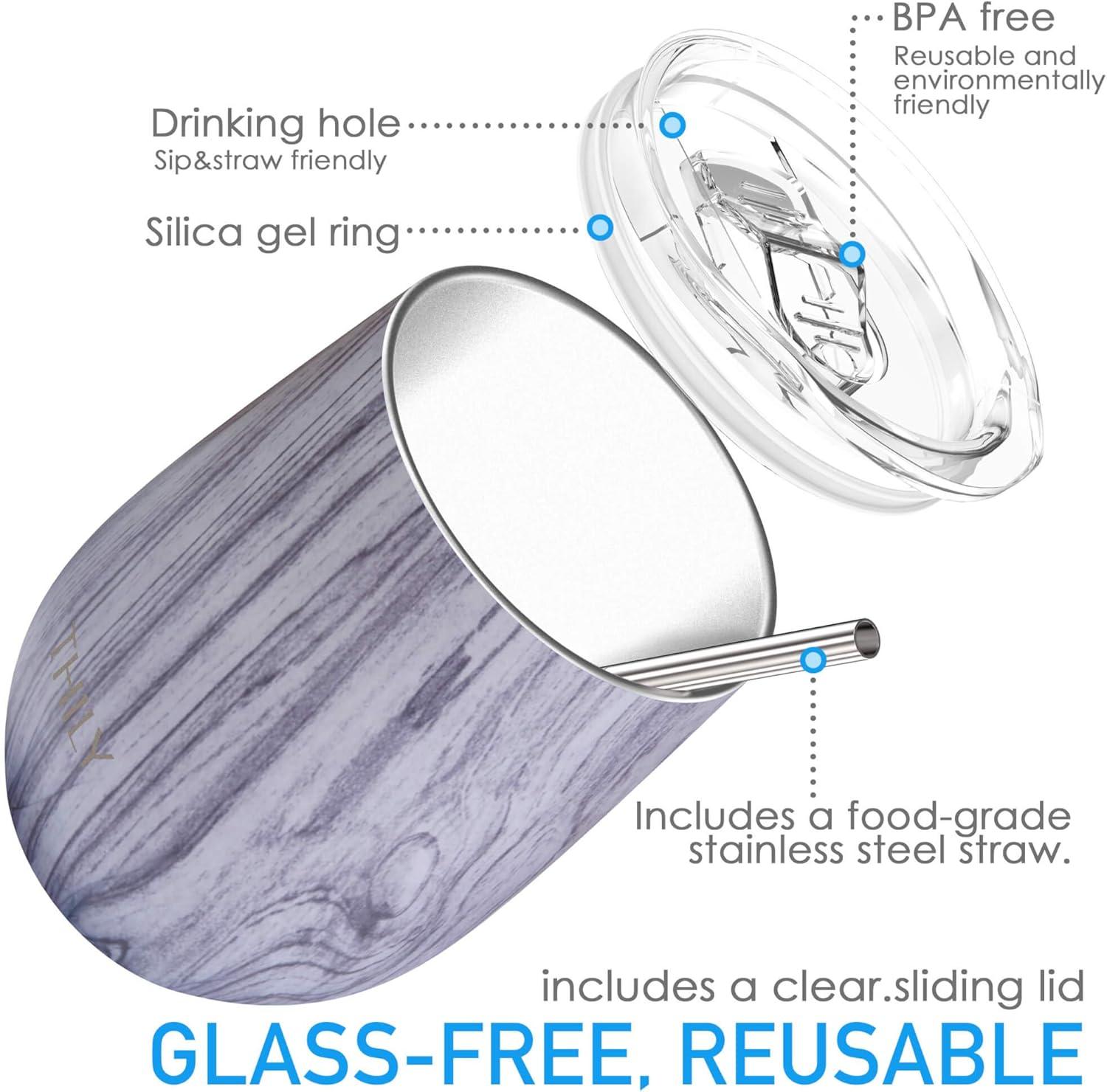 Wine Tumbler Vacuum Insulated Stemless - THILY 12 oz Triple-Insulated Stainless Steel Wine Glass with Lid and Straw, Cute Travel Cup Keep Cold or Hot for Coffee, Cocktails, Wood Grain