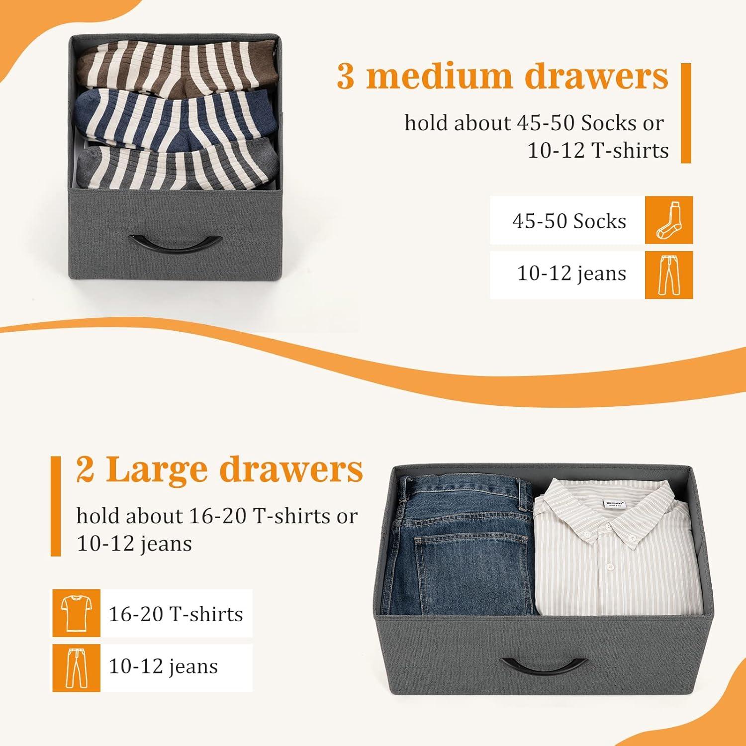 CONCETTA Dresser for Bedroom, 5 Fabric Drawers Dresser, Clothes Cabinet Storage Organizers and Wood Top Surface Table for TV, Chest of Drawers for Living Room, Hallway, Gray