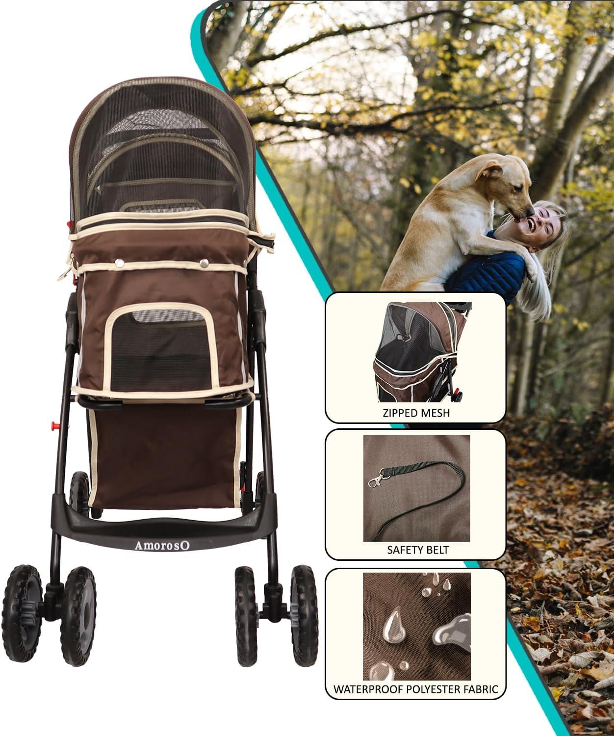 Brown and White Polyester Pet Stroller with Storage Basket