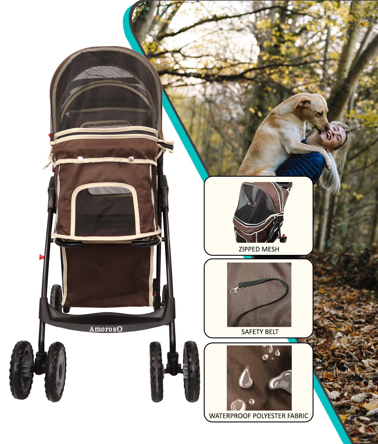 Amoroso Baby 6748 4 Wheel Pet Stroller for Cats & Dogs - Brown & White