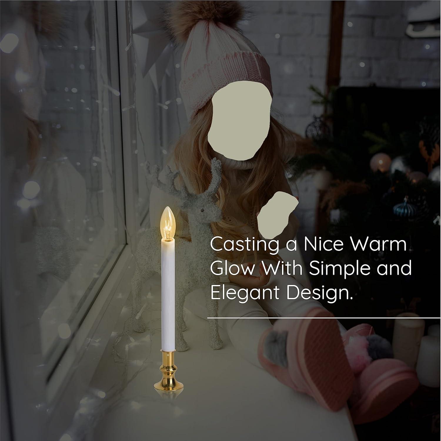 Electric Christmas Window Candle Lamp with Brass Plated Base, Dusk to Dawn | Auto Sensor | Turns Candle on in Dark and Off in Light, Ready to Use! | 4 Pack