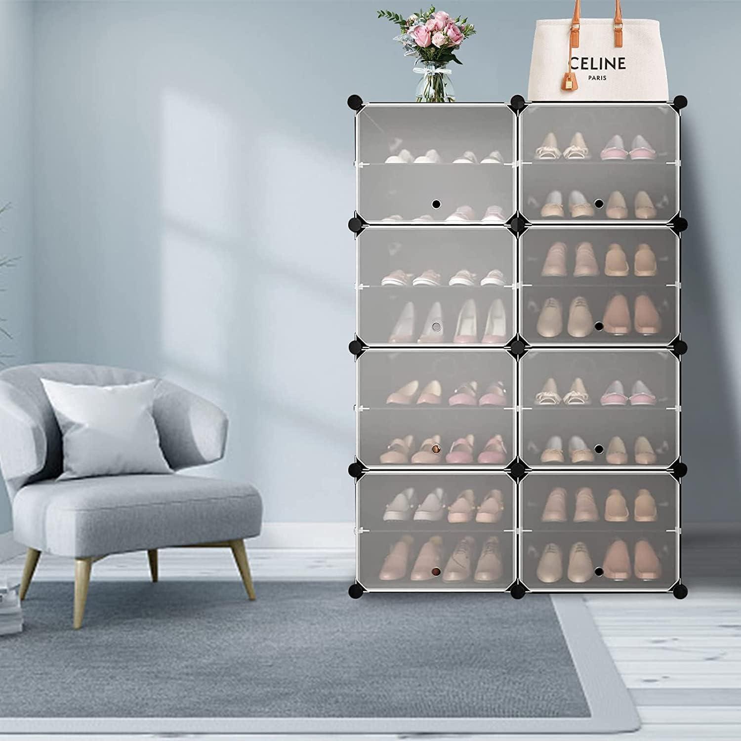 Black 8-Tier Plastic and Metal Shoe Rack with Doors