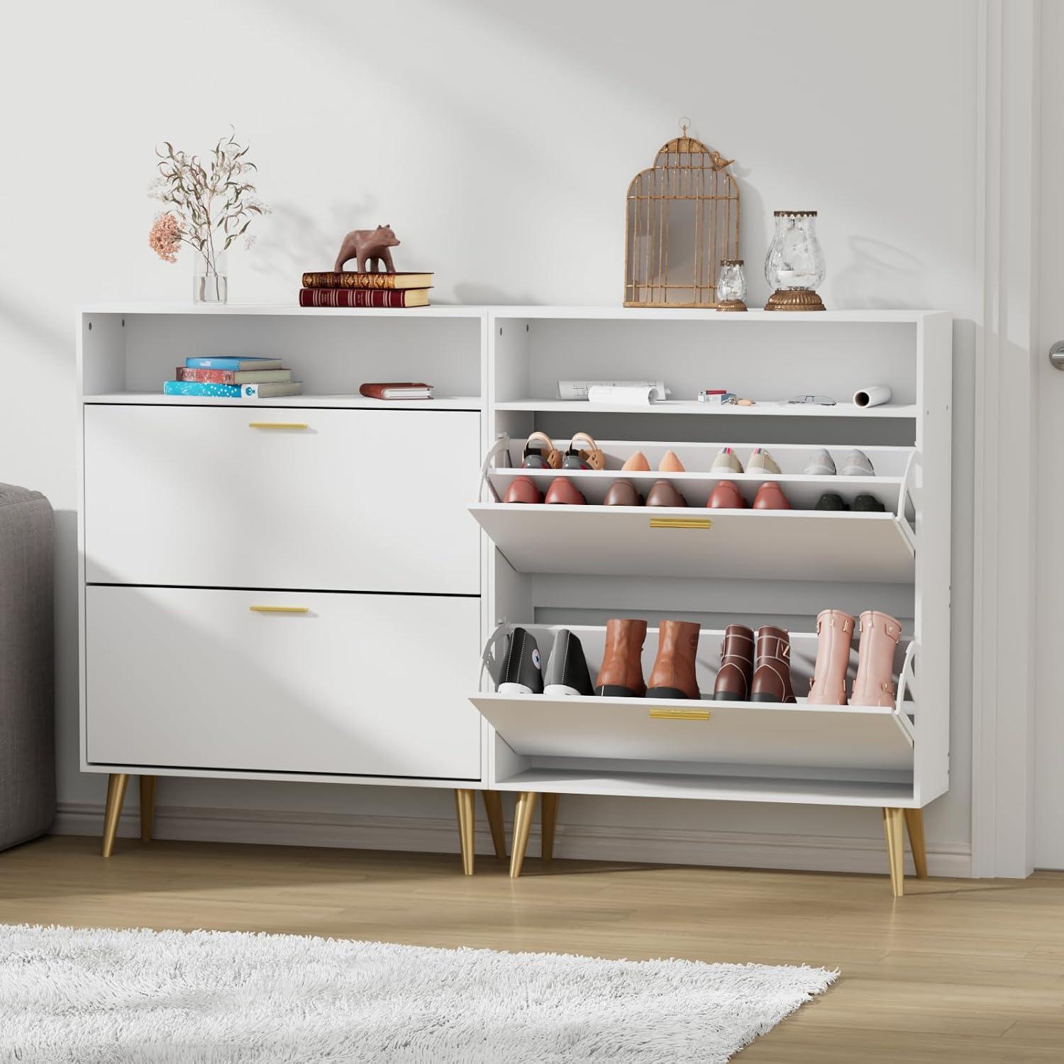 Shoe Cabinet Storage for Entryway  Freestanding Slim Shoe Organizer Cabinet with 2 Flip Drawers  Narrow Shoe Rack with Open Shelves for Hallway  Living Room  White