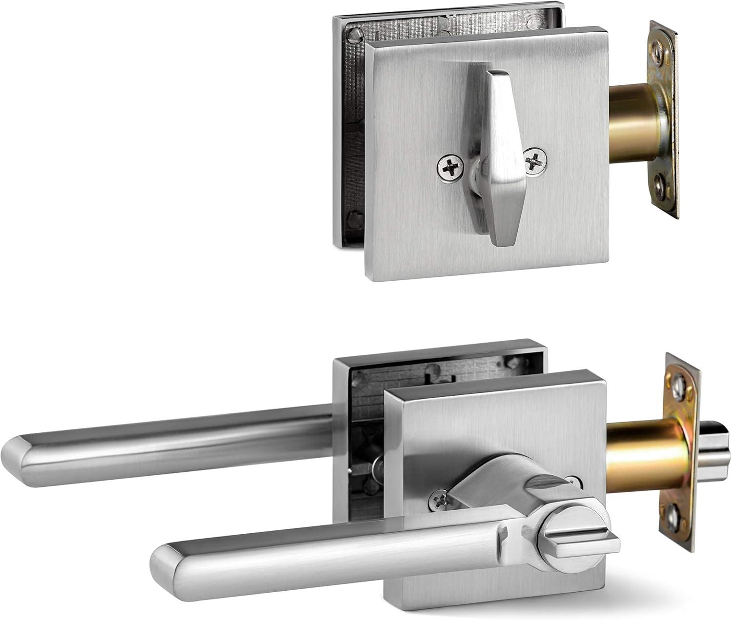 Satin Nickel Entry Lever Door Handle and Deadbolt Lock Set