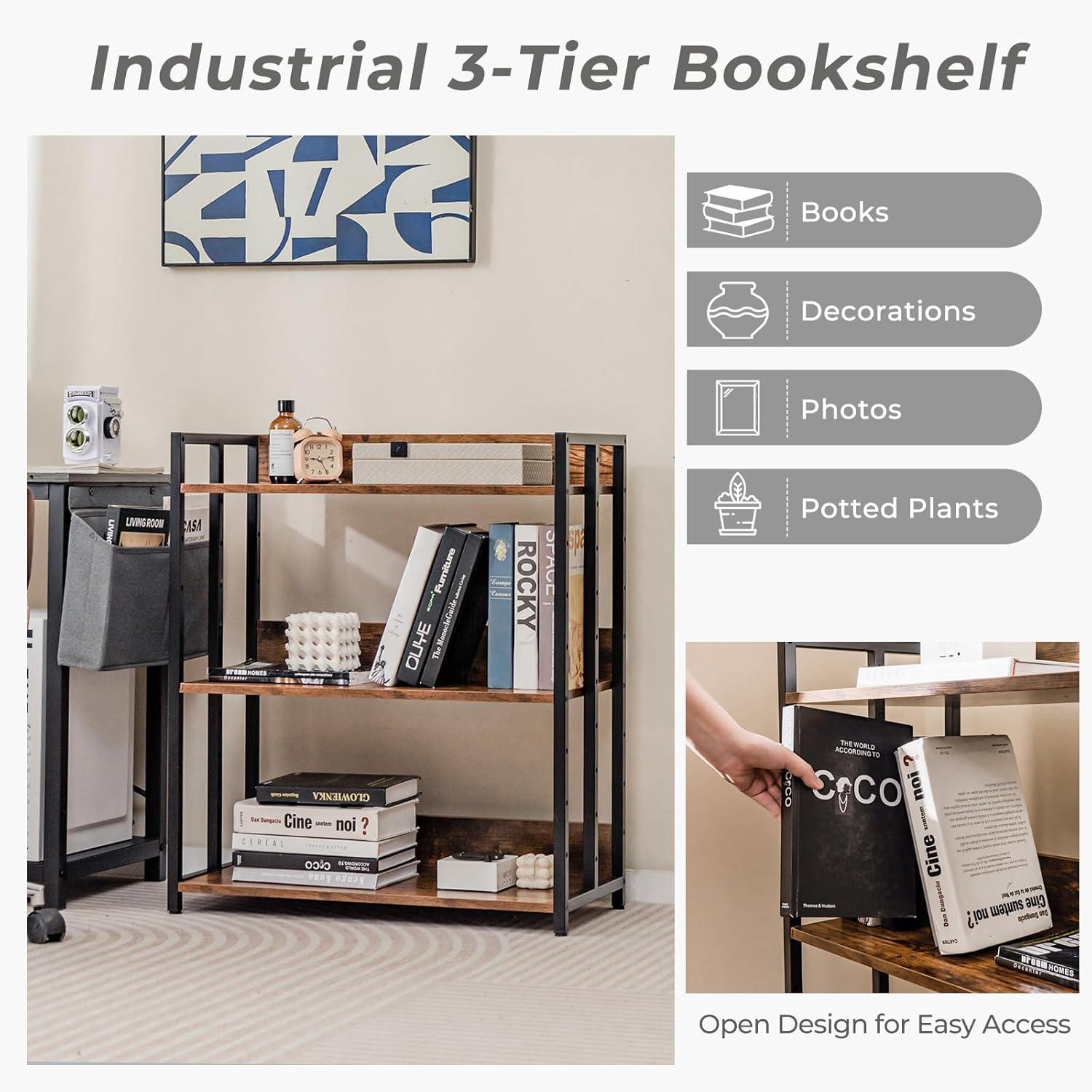 Industrial Black Metal 3-Tier Adjustable Bookshelf