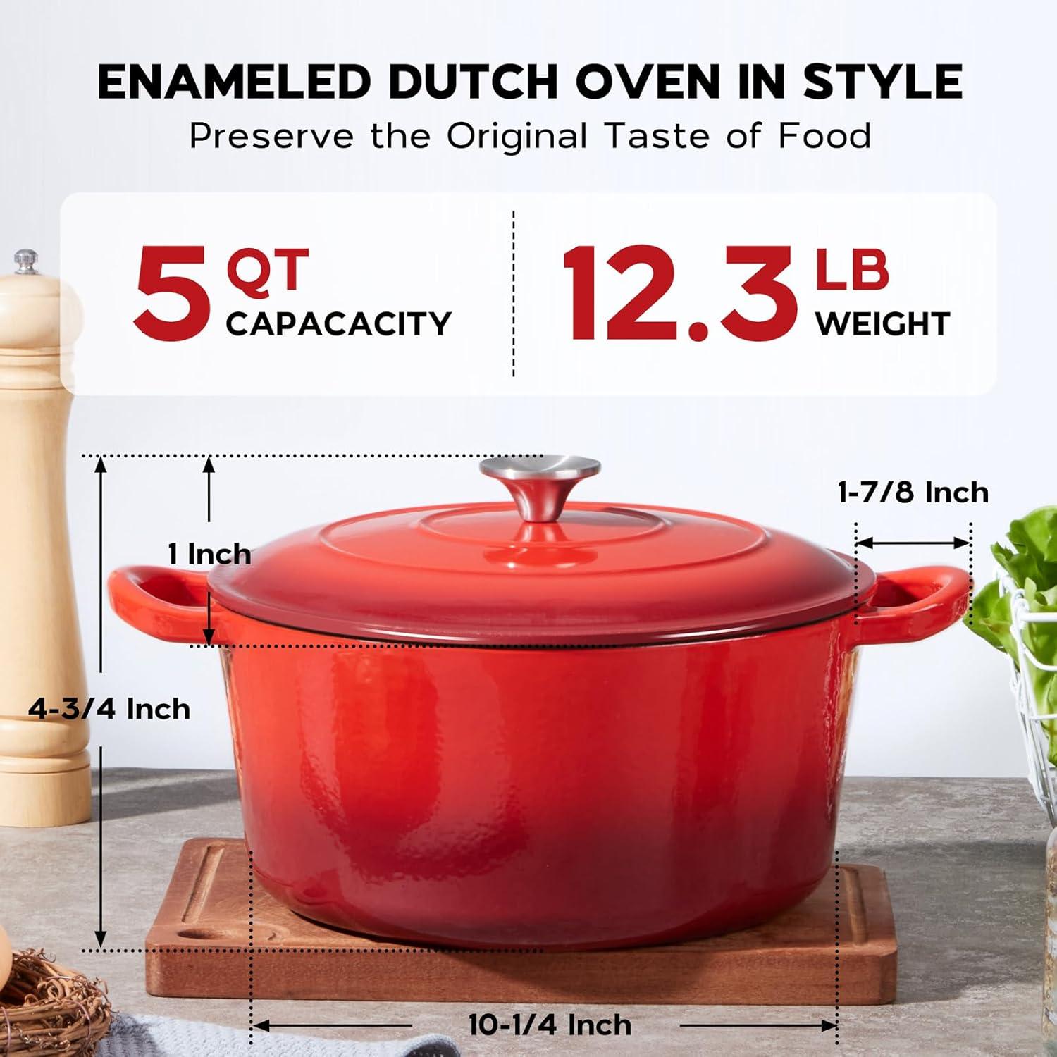 Onader 5QT Enameled Cast Iron Dutch Oven, Round Dutch Oven Pot with Lid for Sourdough Bread Baking - Red