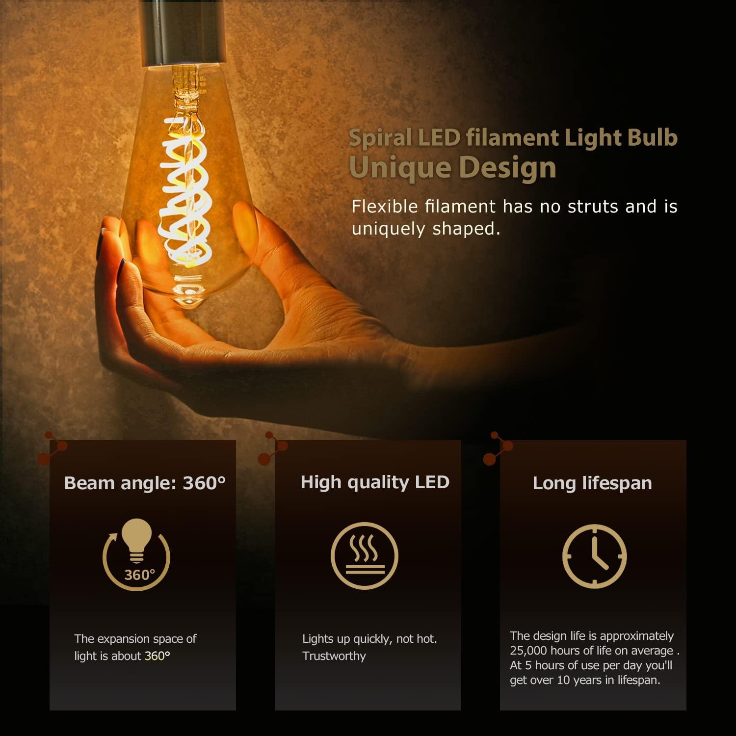 6 Pack ST19 ST58 Edison Bulb, Vintage LED Filament Bulb,Softy White 2700K, Antique Flexible Spiral LED Filament Light Bulb, Dimmable 600LM, 6W Equivalent to 60W, E26 Base,Clear Glass