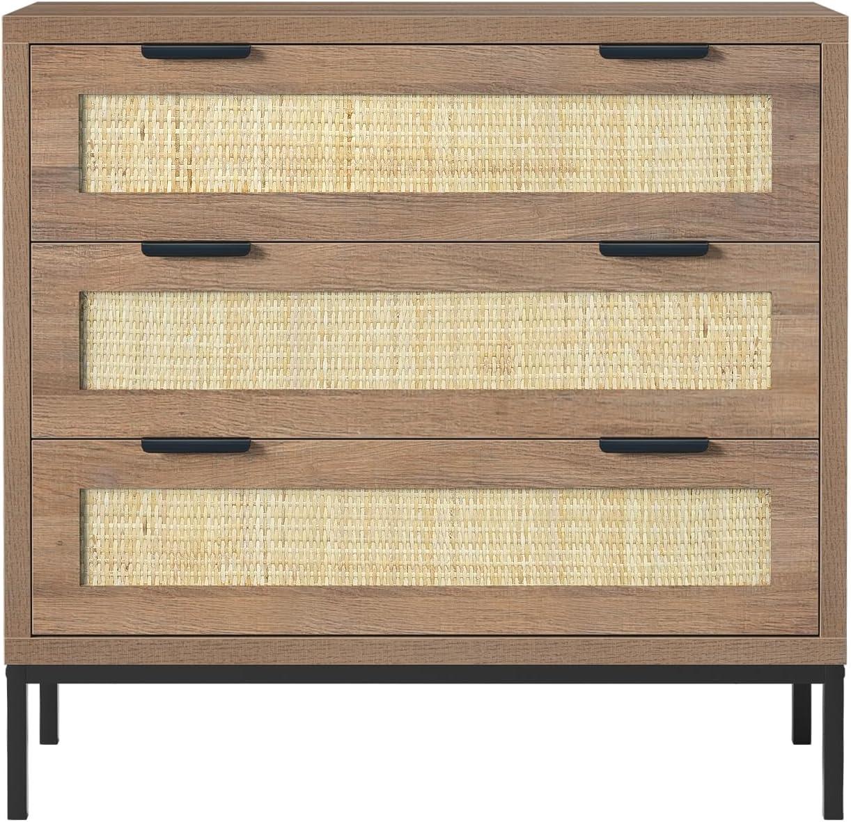 Anmytek 3 Drawer Cabinet for Bedroom, Oak Rattan Cabinet Closet Cabinet Chest of Drawers, Wood Cabinet 3 Drawer Storage Chest for Bedroom, Hallway, Nursery