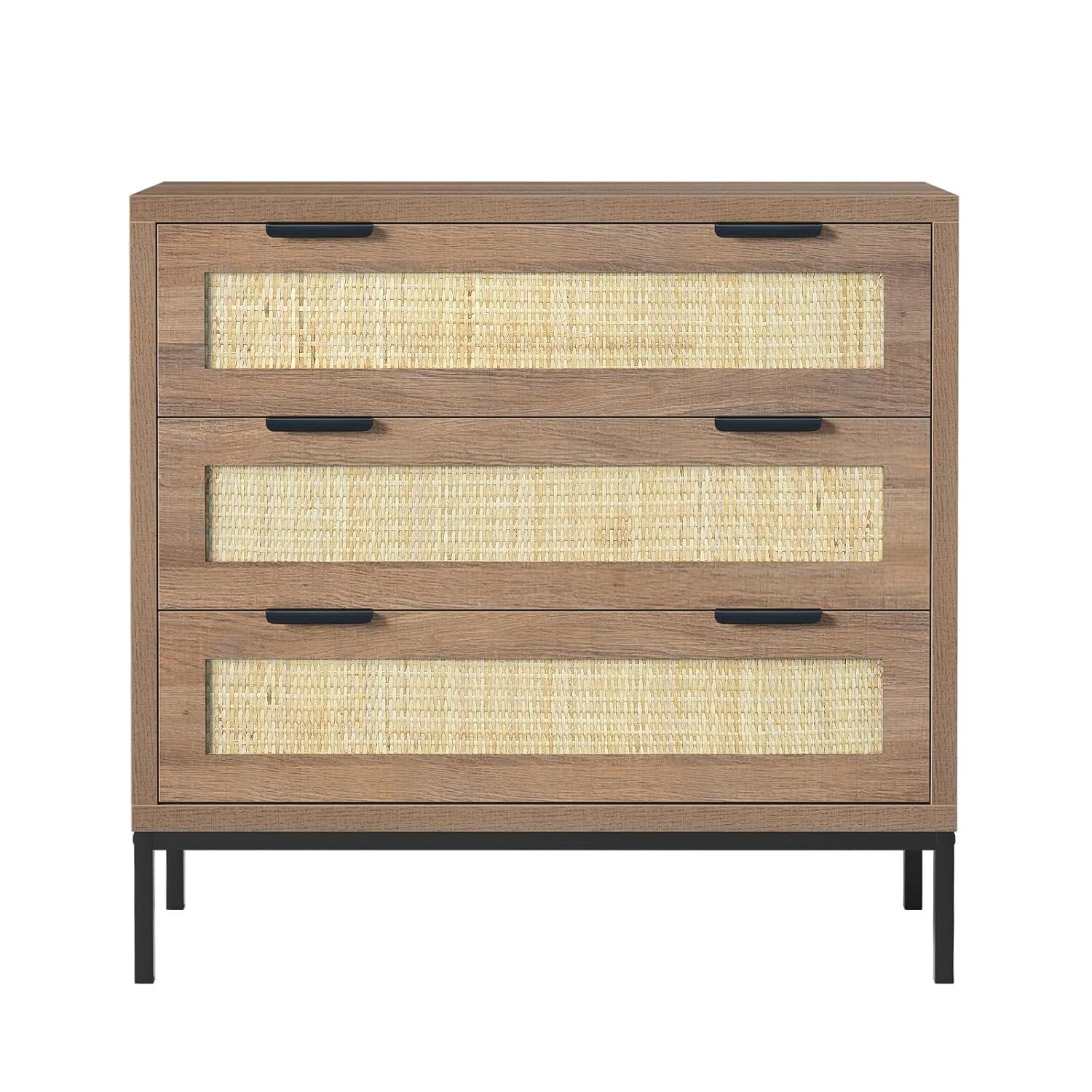 Anmytek 3 Drawer Cabinet for Bedroom, Oak Rattan Cabinet Closet Cabinet Chest of Drawers, Wood Cabinet 3 Drawer Storage Chest for Bedroom, Hallway, Nursery